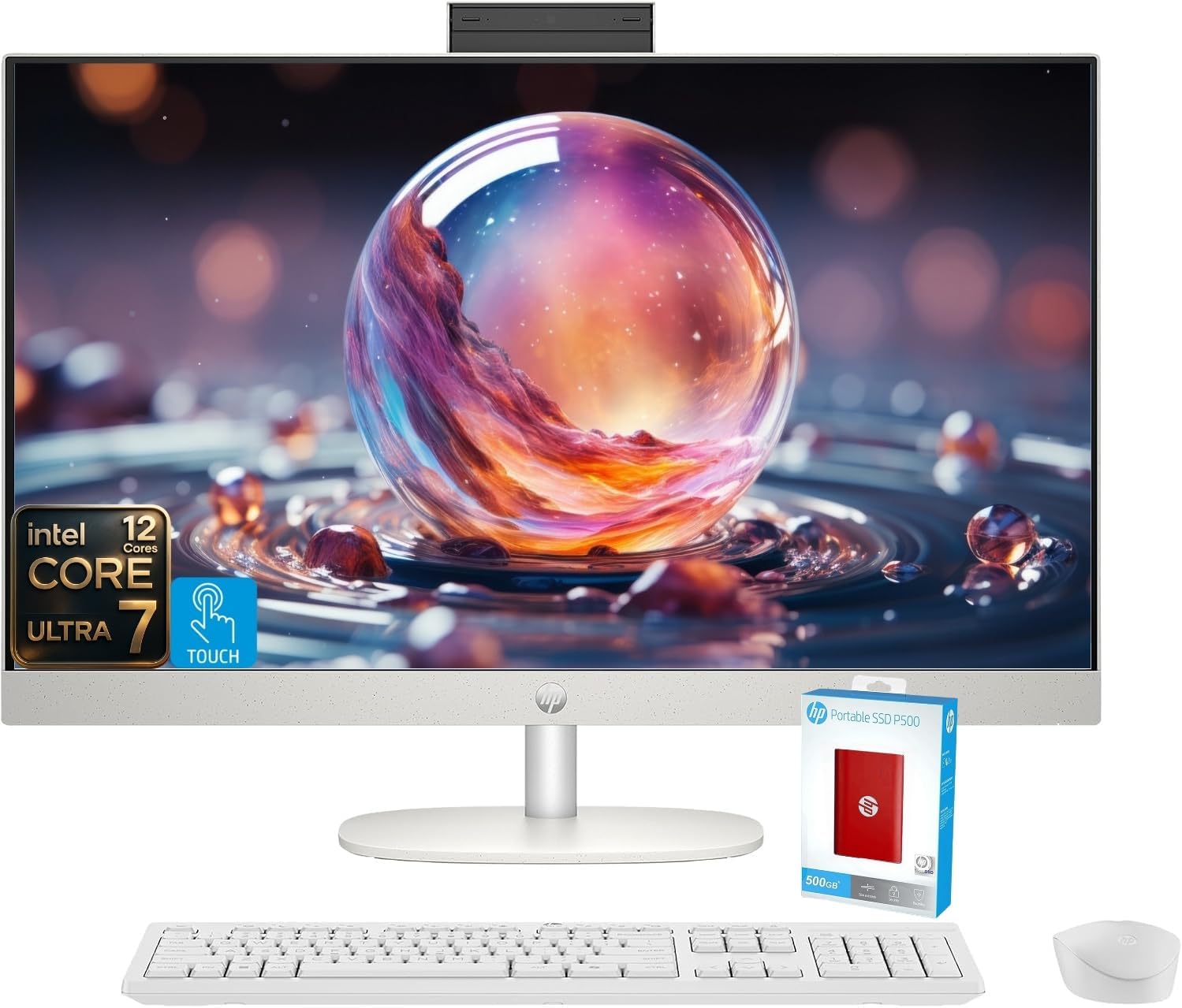 HP 27" FHD Touchscreen All-in-One Desktop, Intel Core Ultra 7 155U (Up to 4.8GHz), 32GB DDR5 RAM, 1TB Storage (512GB PCIe+500GB External Drive), Wi-Fi 6, USB-C, Wireless KB & Mouse, Windows 11