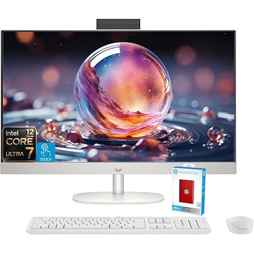HP 27" FHD Touchscreen All-in-One Desktop, Intel Core Ultra 7 255U (Up to 5.2GHz), 32GB DDR5 RAM, 1TB Storage (512GB PCIe+500GB External Drive), Wi-Fi 6, USB-C, Wireless KB & Mouse, Windows 11
