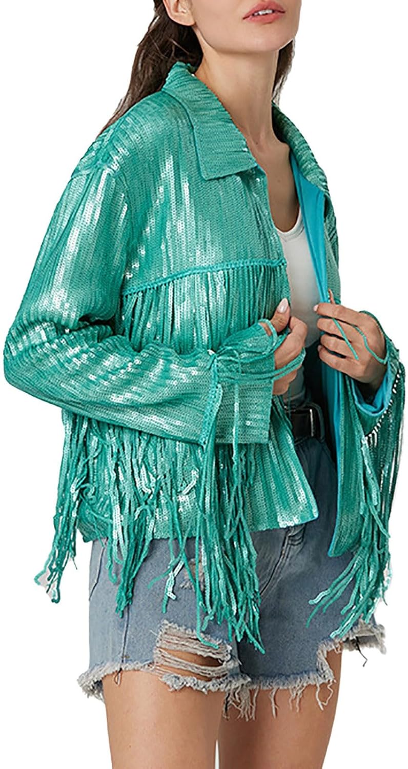 Womens Jacket Sequin Fringe Party Jacket Womens Black Sequin