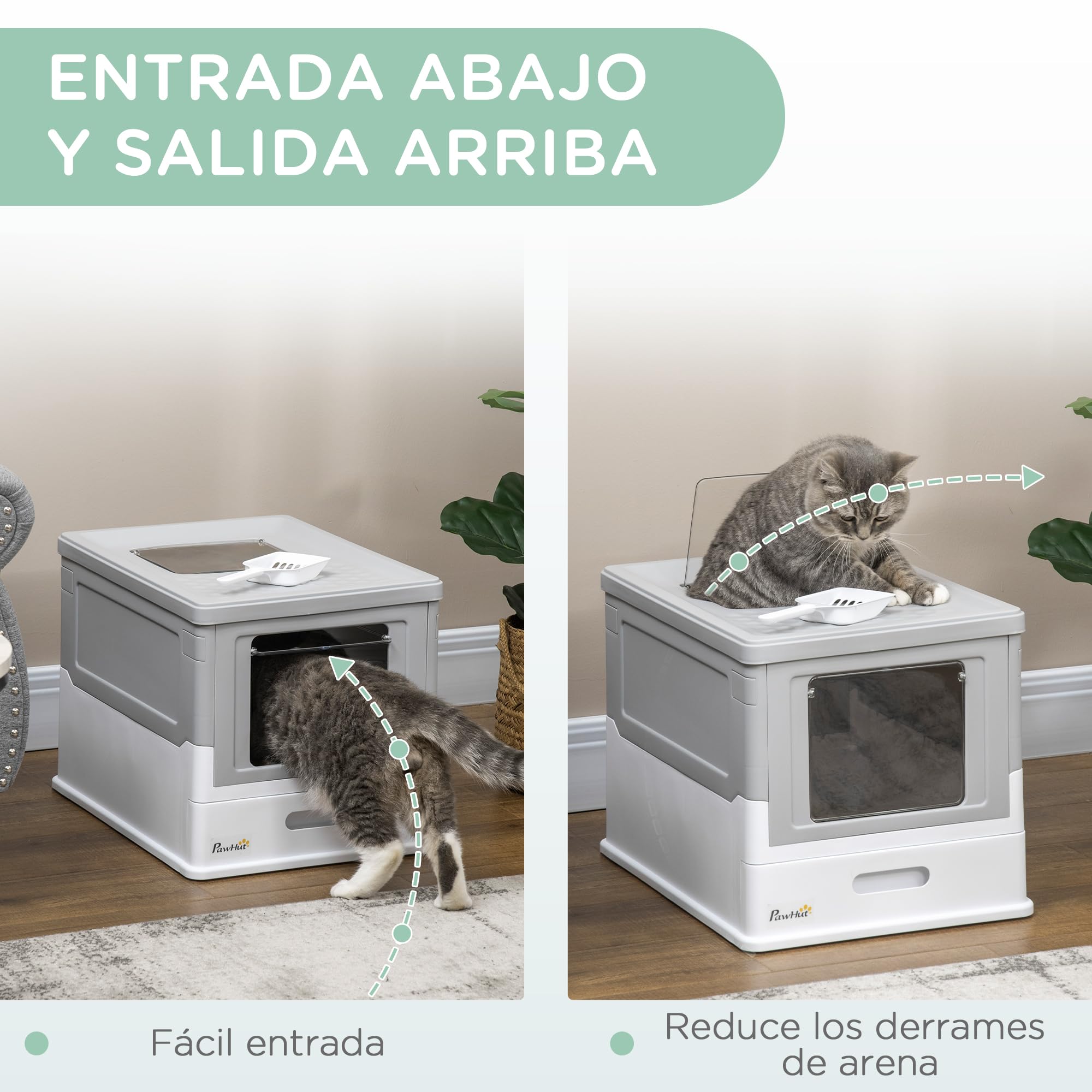 PawHut Arenero para Gatos Plegable Bandeja Extraíble Tapa Gris y Blanco | Caja de Arena para Gatos, Pala, Fácil de Limpiar, Control de Olores, Antichapotones, para Raza Pequeña y Mediana