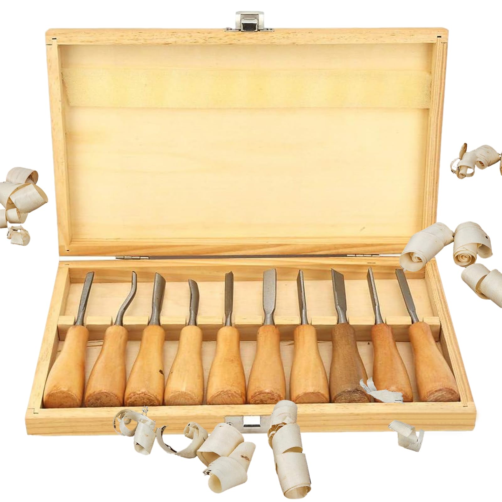 Set di Scalpelli Per Intaglio del Legno, 10 Pezzi Kit di Scalpelli Per Coltelli da Intaglio con Manico in Legno Ad Alta Durezza con Custodia in Legno, Utensile Manuale Per La Lavorazione del