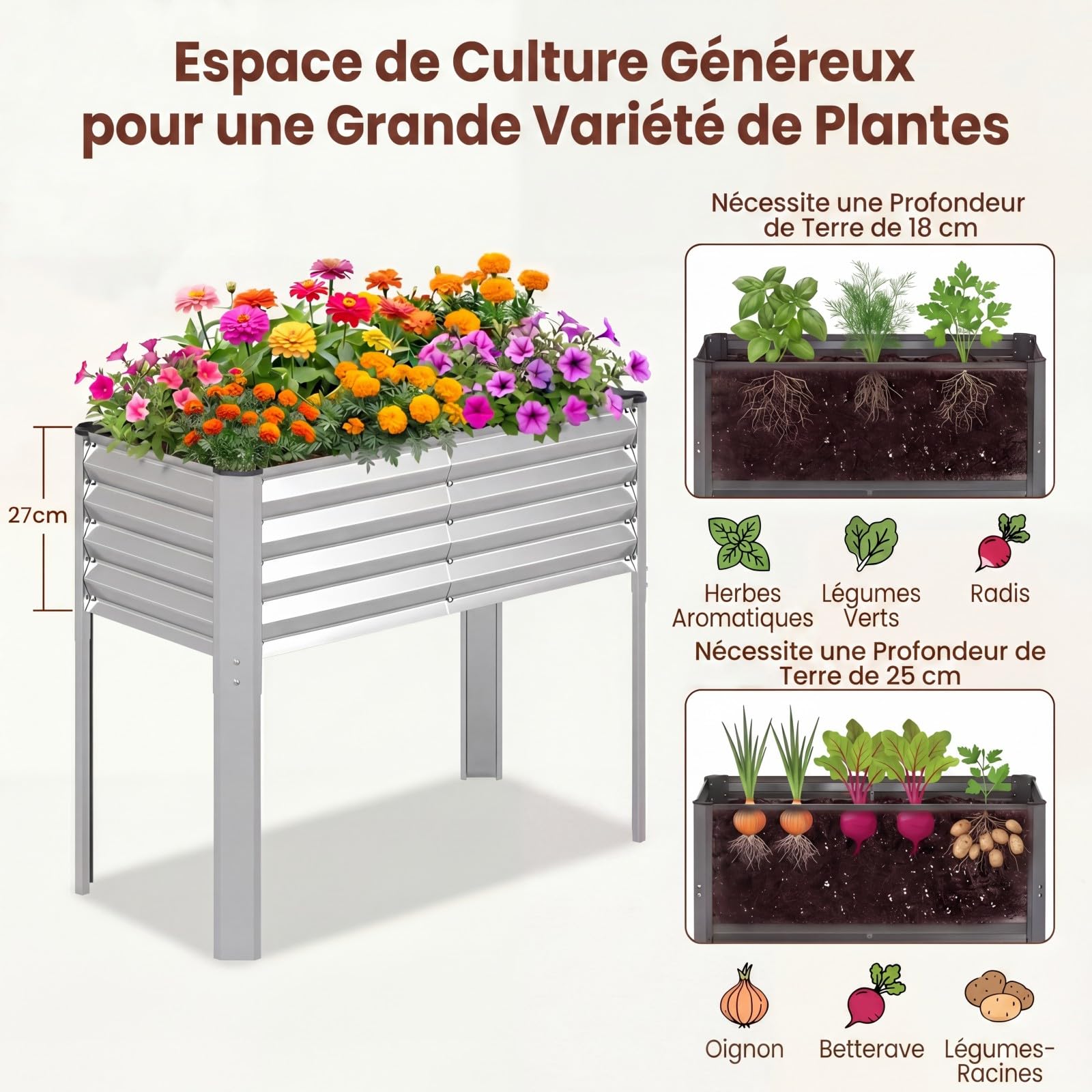 GOPLUS Jardiniere sur Pieds Surélevé en Métal, 118x60x77,5 CM, Carre Potager Rectangulaire Épais, Système de Drainage, Charge 50KG, Ergonomique, Potager sur Pieds pour Jardin, Terrasse (Argenté)