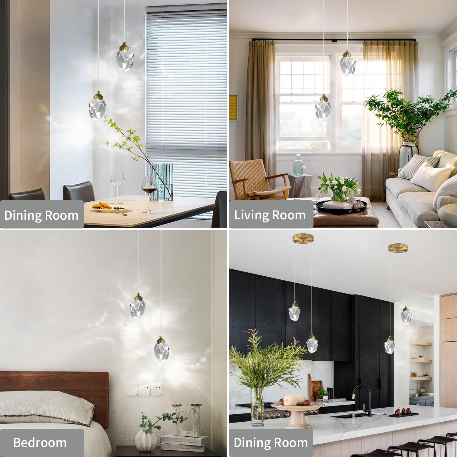 Luz Colgante De Cristal Moderno LED 3 Colores 2-Head Para Isla Cocina Sala Estar Dorado