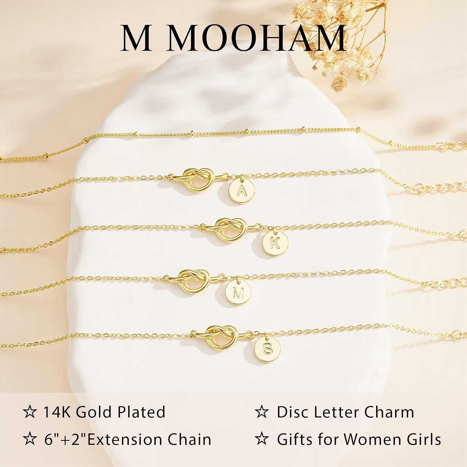 M MOOHAM Gifts for Kids Teen Girls - Initial Bracelet Dainty 14K Gold Plated Knot Heart Disc Letter A-Z Initial Bracelet, Layered Link Charm Bracelets for Women Girls, Womens Jewelry Gifts
