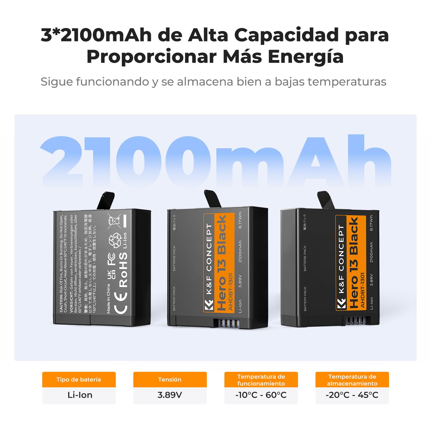 K&F CONCEPT 3 Pack Baterías 2100mAh y Cargador Compatible con Hero 13 Black Funda de Carga Rápida