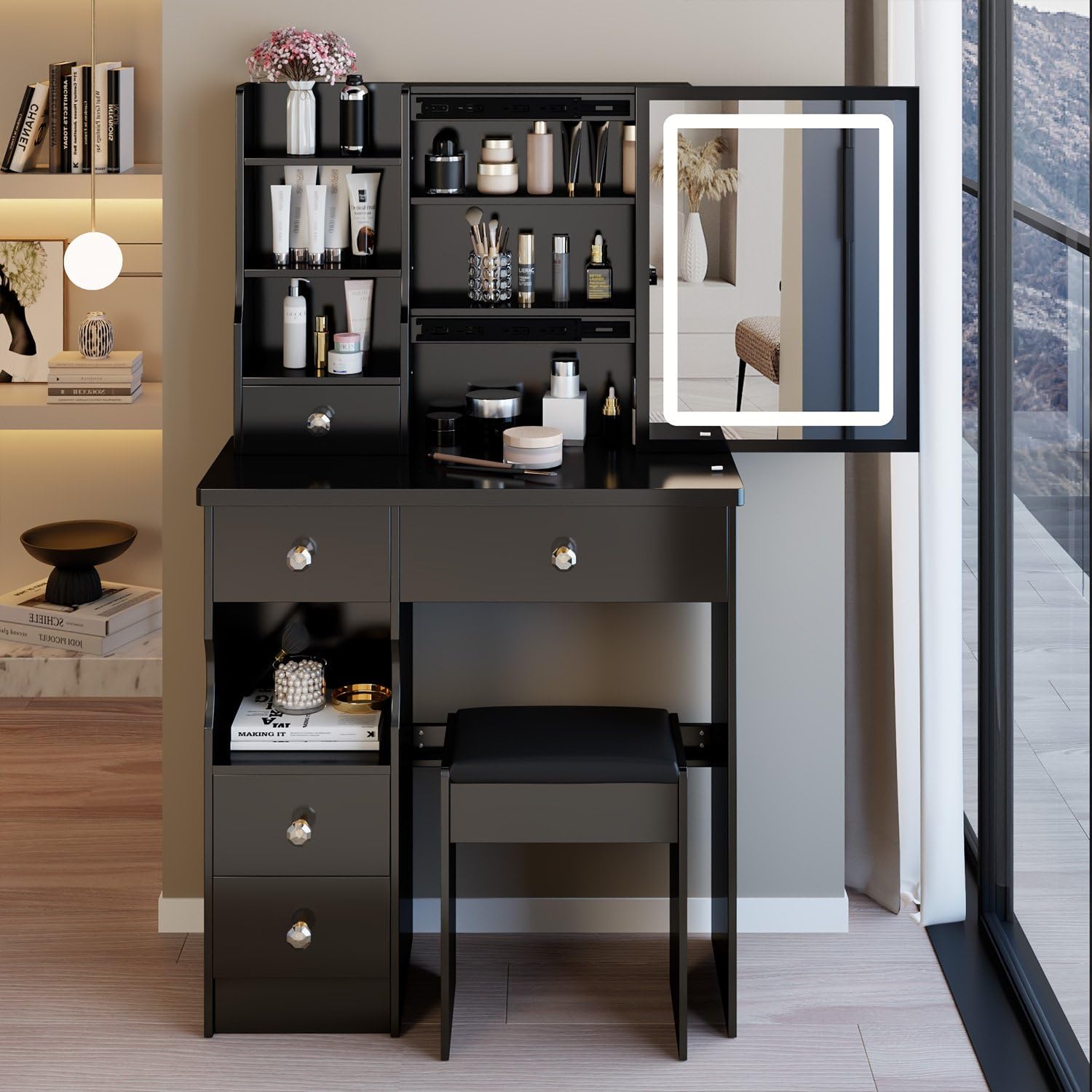 Vanity Desk with Mirror and Lights, Makeup Vanity Table & Chair Set with Adjustable LED Lighted Sliding Mirror, Storage Cabinet Shelves and Drawers, Small Dressing Table for Girls Bedroom, Black