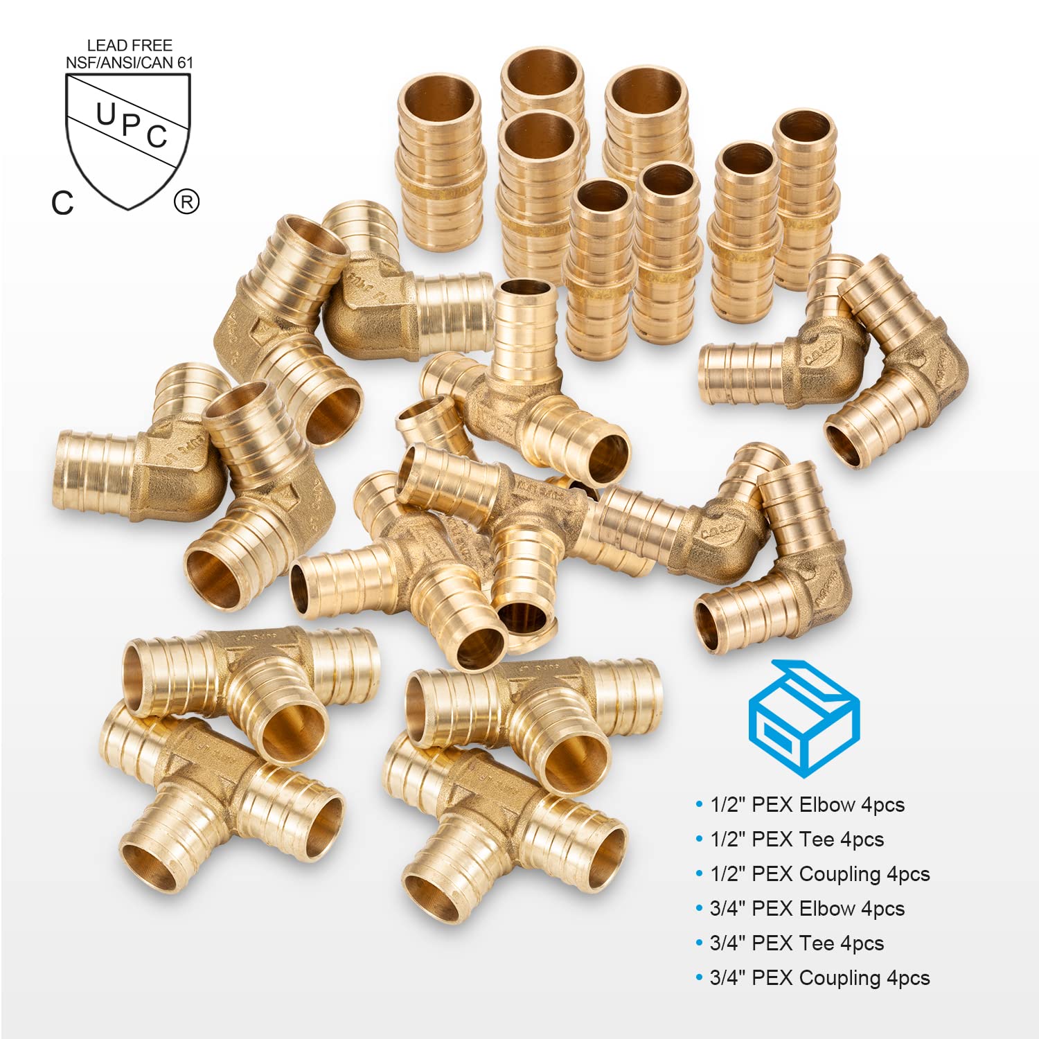 (Paquete de 24 unidades de 6 artículos) Kit de montaje PEX de 1/2 pulgada y 3/4 pulgadas, 4 codos de 1/2 pulgada, camisetas, acoplamientos y codos de 3/4 pulgadas 4 de cada uno, Tees,