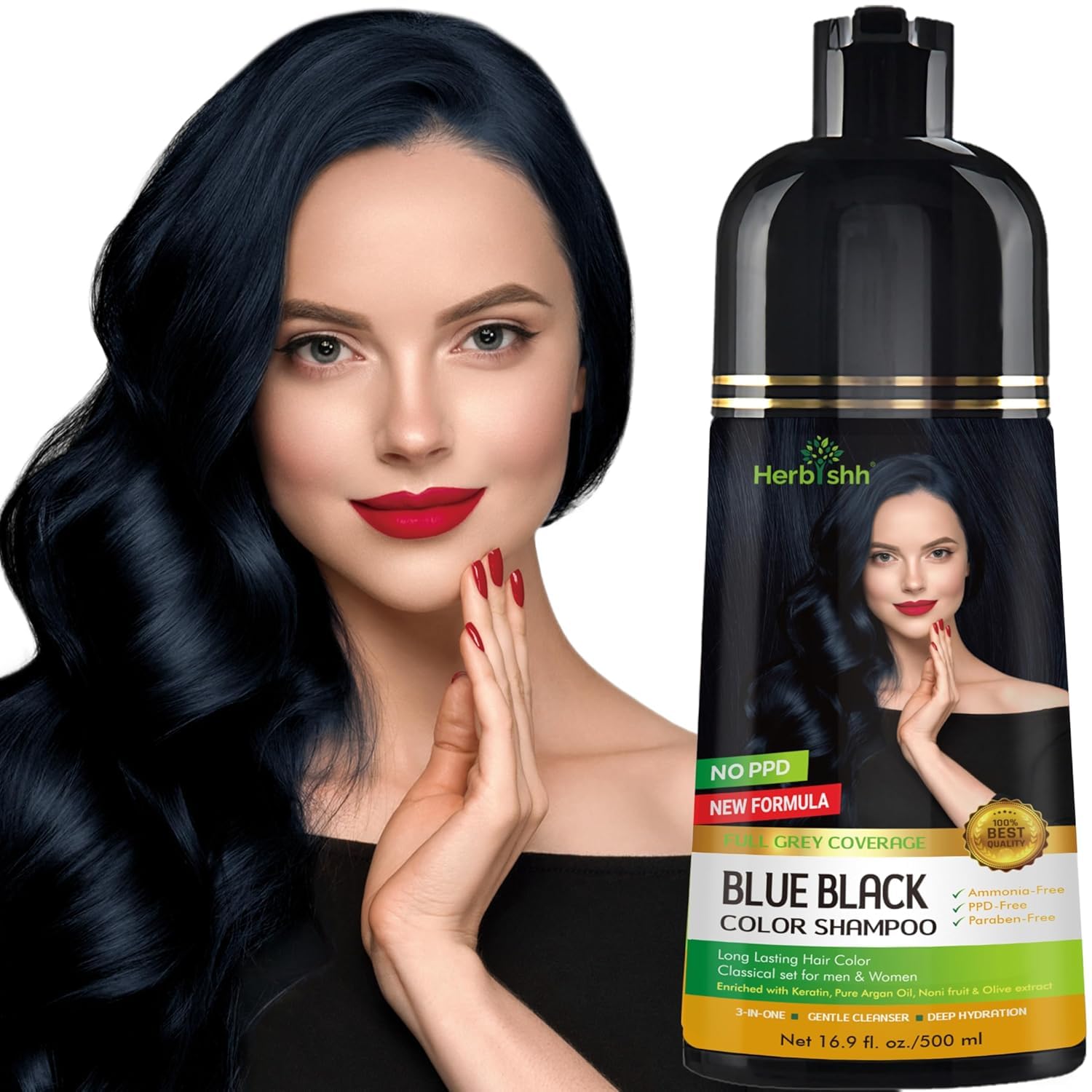 Herbishh Hair Color Shampoo - Magic Long-Lasting Hair Dye for Gray Hair Coloring in Minutes - 500 Ml - 3-In-1 Ammonia-Free Formula (Blue Black)