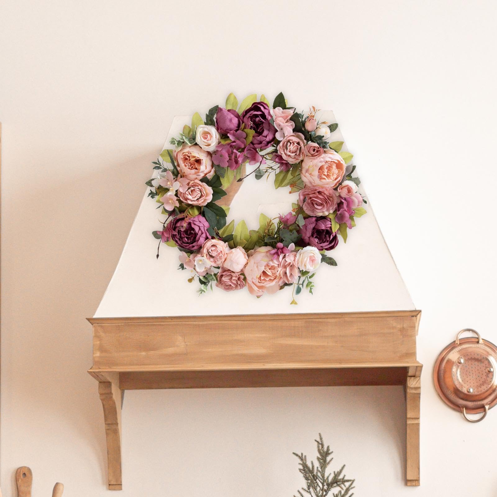 Milageto Ghirlanda primaverile per porta d'ingresso, fiori di artificiali, ghirlanda da 40 cm per matrimonio, finestra, soggiorno, Capodanno, Pasta di Fagioli Viola