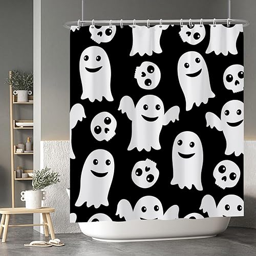 Miniatura 152 de Baocicco Juego de cortinas de ducha de fantasmas de Halloween, encantadores fantasmas de dibujos animados, divertidos trucos o tratos, cortinas de