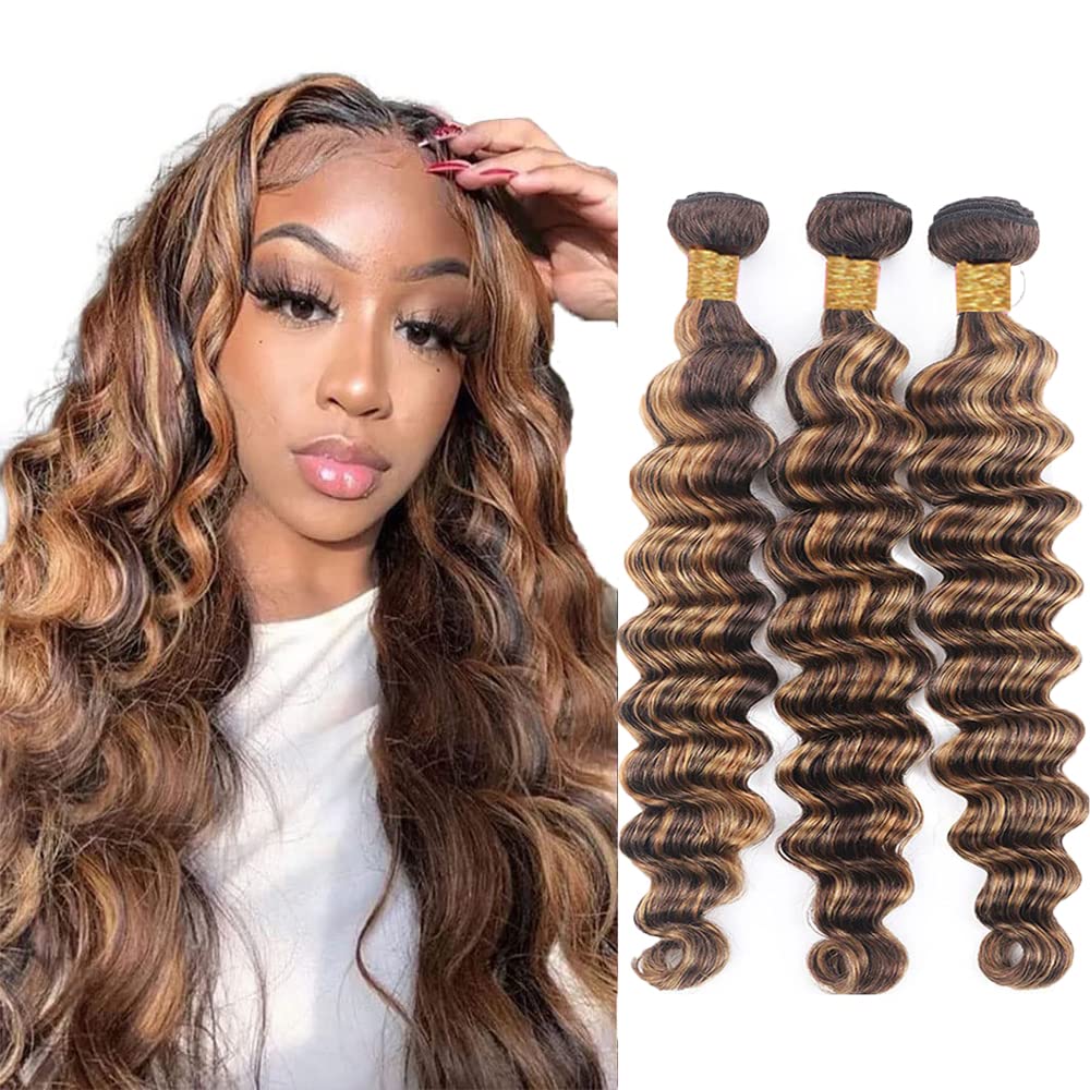 AiPliantfis P4/27 Chocolate Brown Highlighted Blonde Bundles Human Hair Deep Wave Weave 3 Bundles Unprocessed Double Weft Human Hair Extension Total 300g 26 28 30 Inch