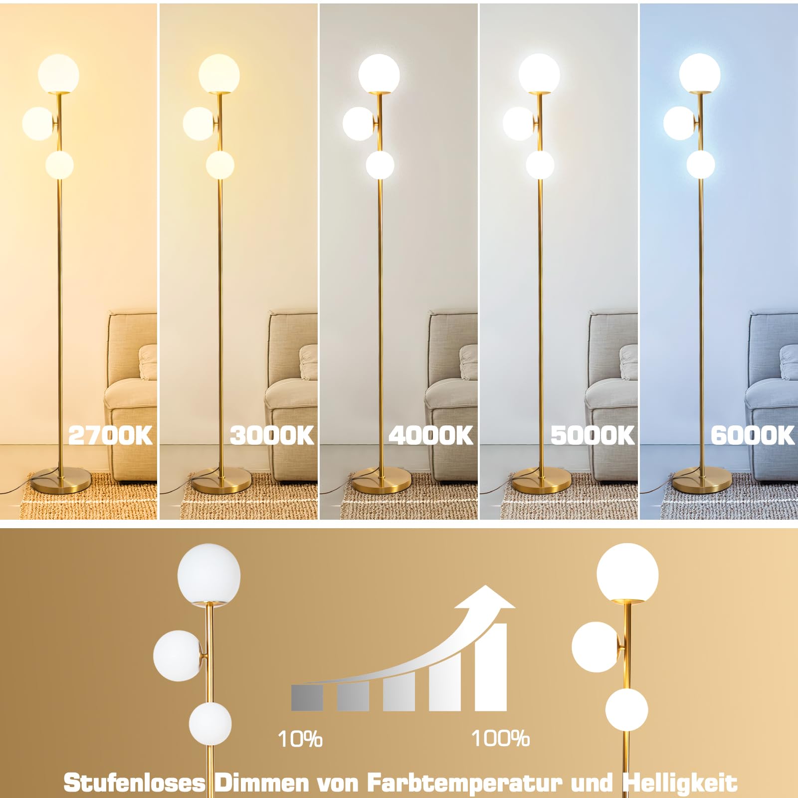 LED Stehlampe 168cm Gold – 3 Rundlichte, dimmbar, Fernbedienung | 168cm Stehlampe Gold | 3 Rundlichte | Dimmbar + Fernbedienung | Farbtemperatur einstellbar | Timer | Wohnzimmer, Büro, Flur