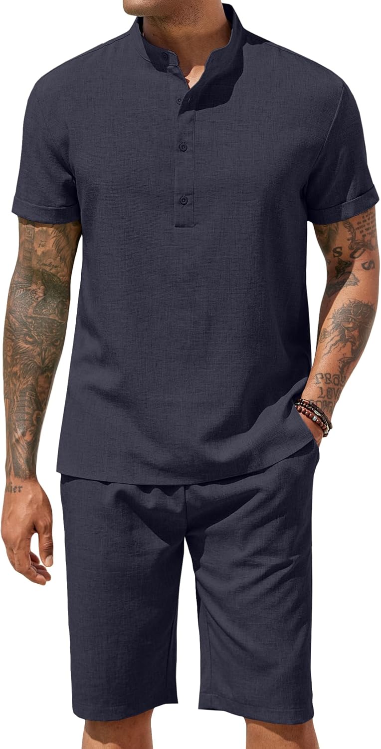 COOFANDY Men's 2 Pieces Set Short Sleeve Henley Shirts and Shorts Pants Texture Summer Beach Vacation Outfits