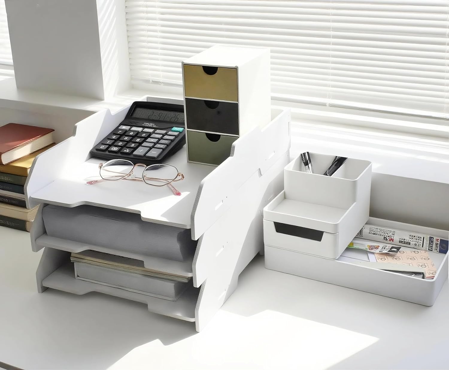 B4 Stackable Paper and Letter Tray, Desktop Organizer Storage, File Sorter with Adjustable Shelves for Home/Office/School (3, B4 Vertical,White)