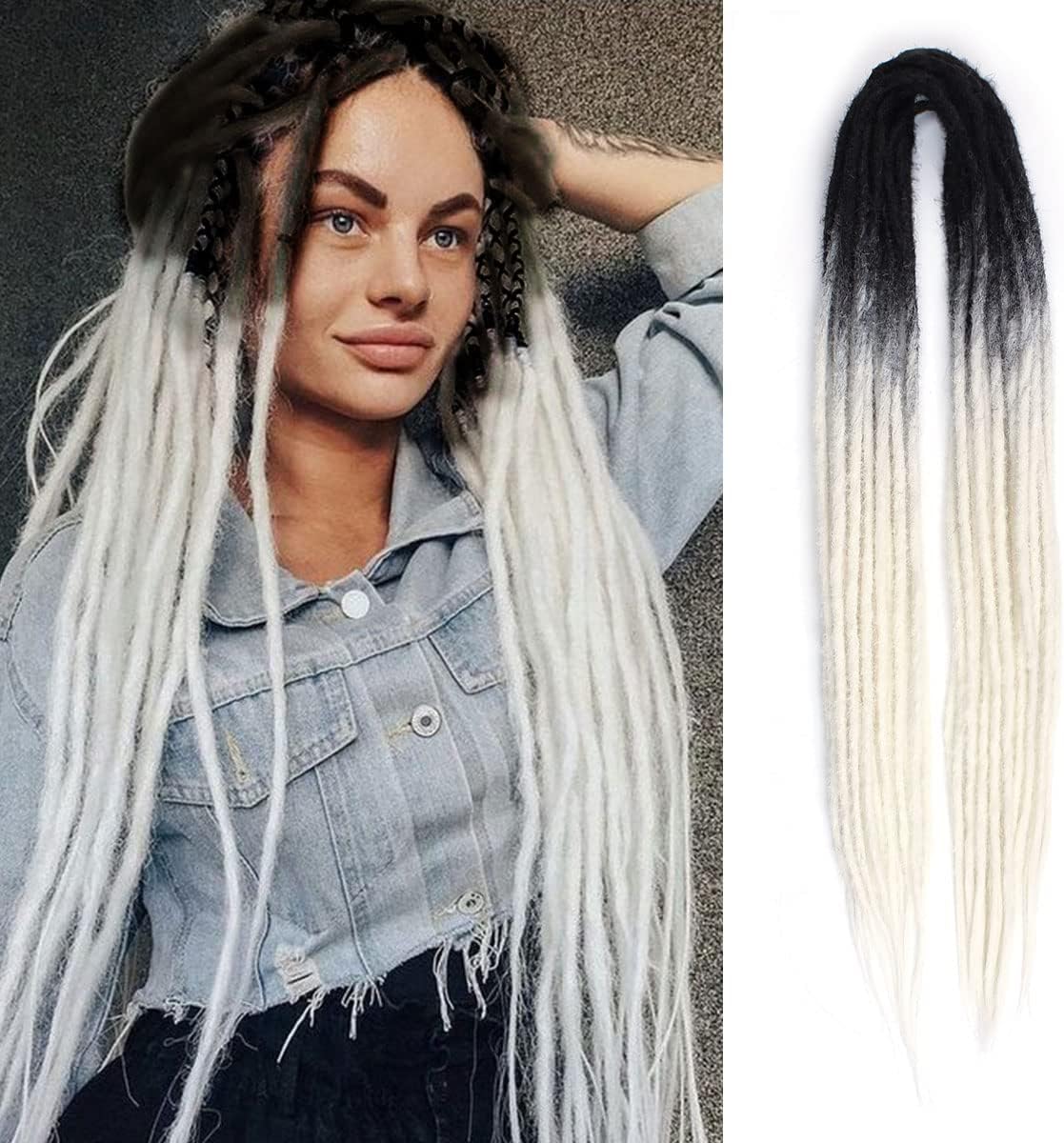 15 pcs Double Ended Dreadlock Extensions, 24 inch Black to White Thin 0.6cm Fake Dreads Extensions, DE Synthetic Dreadlock Extensions Reggae Hippie Dreads for Girl