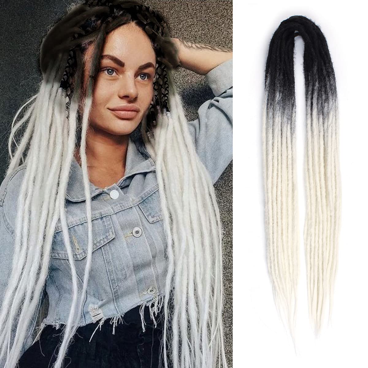 15 pcs Double Ended Dreadlock Extensions, 24 inch Black to White Thin 0.6cm Fake Dreads Extensions, DE Synthetic Dreadlock Extensions Reggae Hippie Dreads for Girl