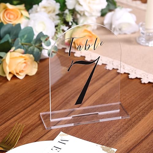 Miniatura 5 de Letrero de mesa acrílico de arco transparente para boda con base, en blanco para bricolaje, centro de mesa, juego de señales de números, 5 x 7