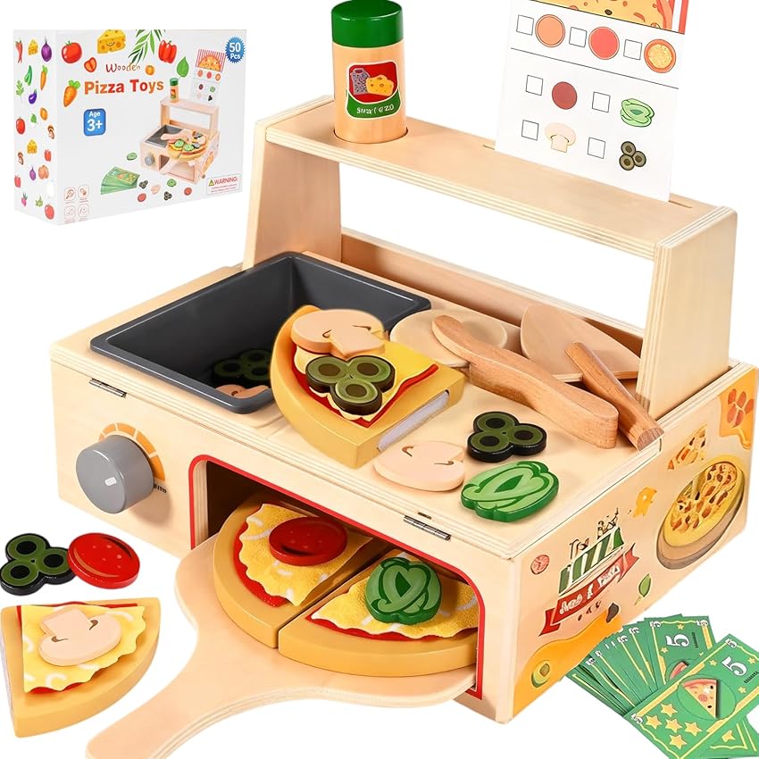 Smartwo Pizza giocattolo in legno per bambini, accessori da cucina in legno, 50 pezzi, forno per pizza con tagliapizza, accessori da cucina per tagliare, gioco di ruolo per bambini a partire dai 3
