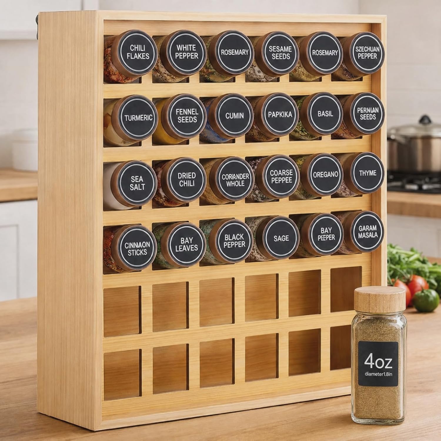 Novabright 36 Grids Bamboo Spice Rack Organizer, Wooden Spice Rack Wall Mount with Square Compartments, Wood Hanging Shelf for 4 oz Glass Jar Drawer Cabinet Kitchen Countertop Wall, Jars Not Included