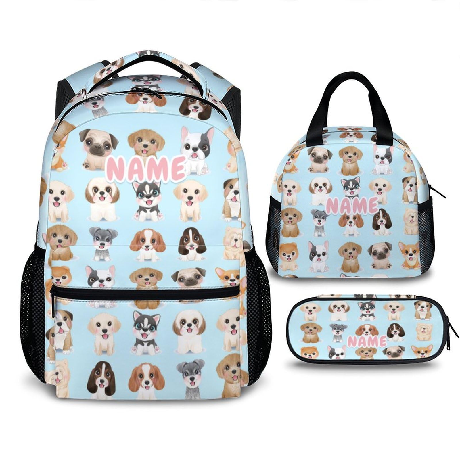 Sharecolor Custom Dog Backpack with Lunch Box, Set of 3 School Backpacks Matching Combo, Cute Blue Bookbag and Pencil Case Bundle