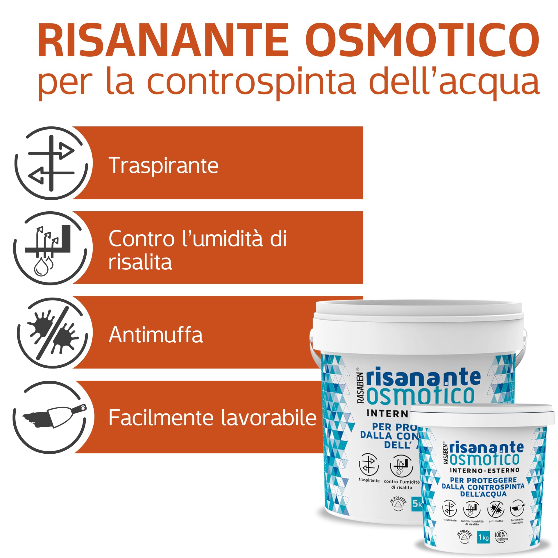 RASABEN -Risanante Osmotico, Stucco in Polvere per Risanamento di Murature Umide e Impermeabilizzare Pareti e Pavimenti, Antimuffa e Traspirante, Uso Esterno e Interno, Made in Italy, Barattolo da 5kg