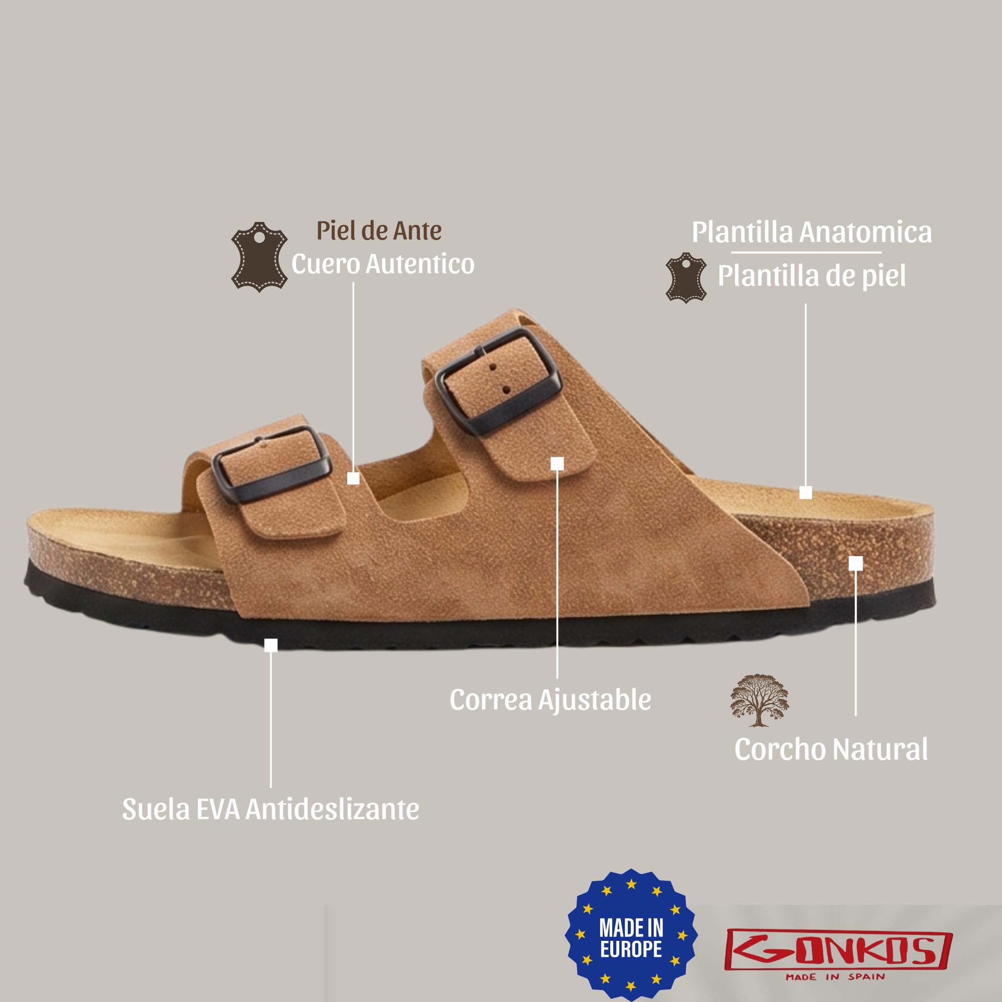Sandalias de Piel con Hebillas, Piel Autentica, Corcho Natural, Hebillas ajustables al Pie, Sandalias Hombre/Mujer, Suela antideslizante EVA, Calzado de Calidad Hecho en España