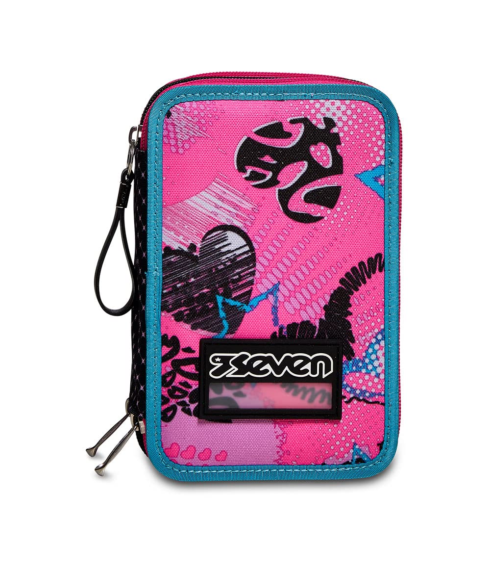 Seven Astuccio Scuola 3 Zip, Rosa Fantasia a Cuori, Glamheart Girl, Portapenne Triplo Scomparto con Matite, Penne e Colori, Accessori Zaino, Scuola, Bambina Ragazza