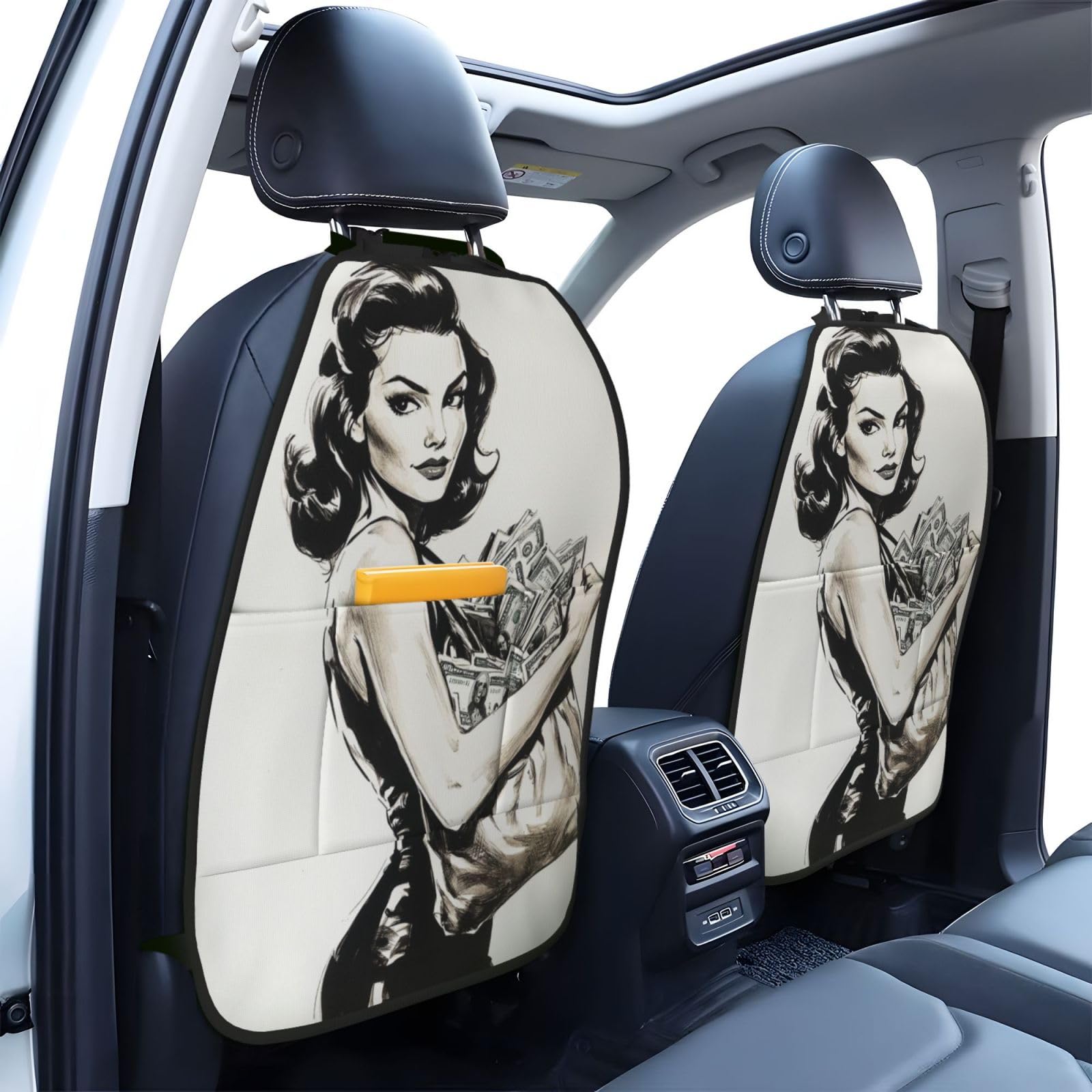 Retro Female Holding Cash Bag Car Seat Back Kick Protectors,2 Pack Kick Mats with Storage Pockets for Vehicles to Protect from Dirt Mud Scratches