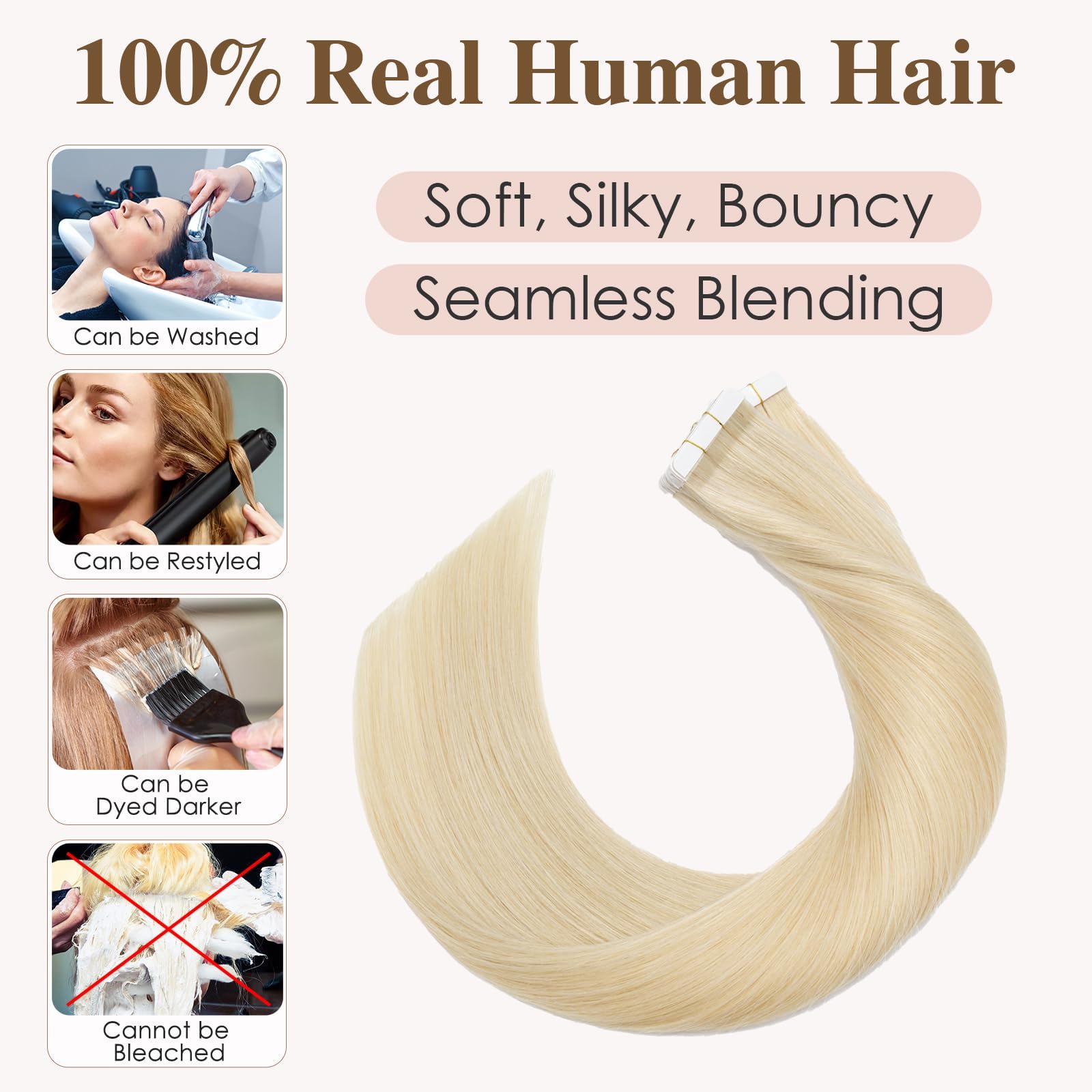 TESS Tape in Hair Extensions Human Hair 10 PCS #613 Bleached Blonde - 14 Inch Seamless Invisible Real Hair Extension Straight 20g - Image 4