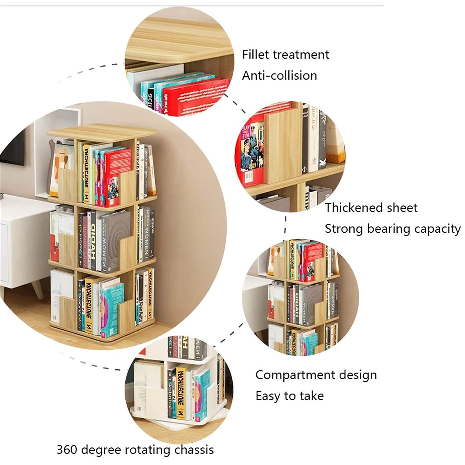 本棚 回転式　360度　本棚3段 ラック ウォールナット Amazon｜本棚 回転式本棚 360° 3段 回転ラック 無垢材シェルフ