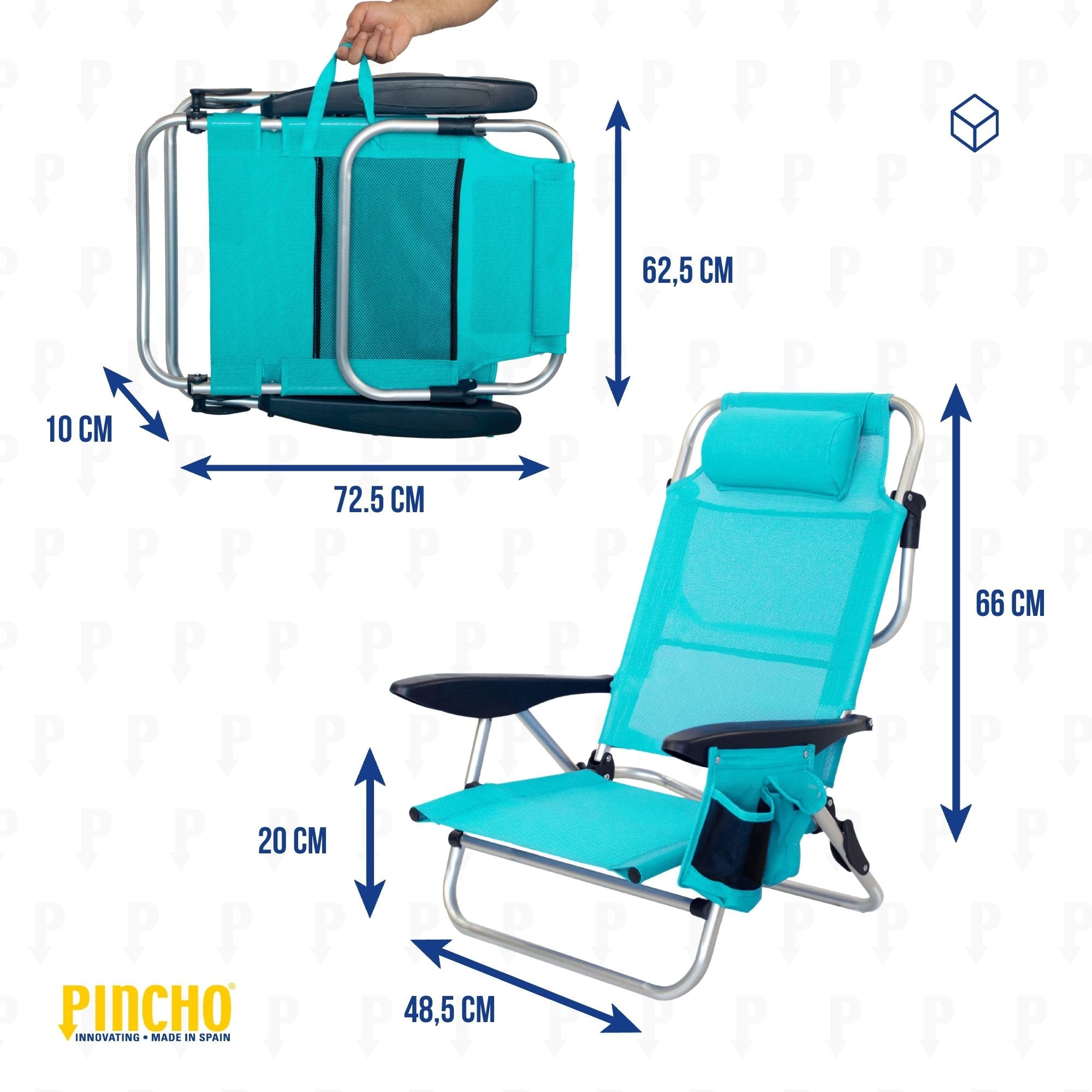 Pincho Silla de Playa Plegable 4 Posiciones Plegable con Cojin Ajustable y Bolsillos Portaobjetos Estructura de Aluminio Tejido Transpirable Resistente hasta 110 kg