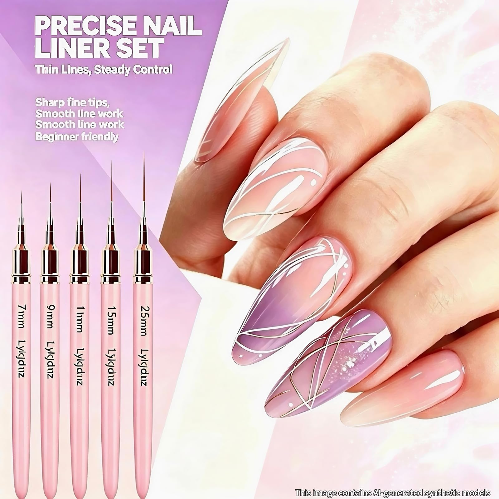 Amazon.com : 9Pcs Nail Art Brushes Set, 5 Pink Art Liners & 4