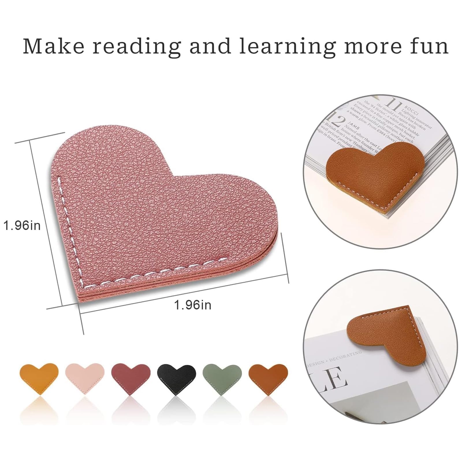 6 Pcs Leather Heart Bookmark, Corner Page Book Marks, Leather Bookmark for Teacher Reading Lovers,School Office - Image 2