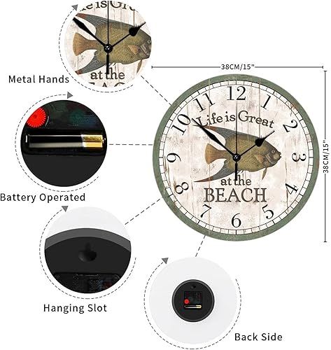 Miniatura 10 de Country Wall Clock Rustic Wood Grain and Fish Life is Great at The Beach Country Wood Clock Non-Ticking Quiet Battery Operated Stylish Desk Clock