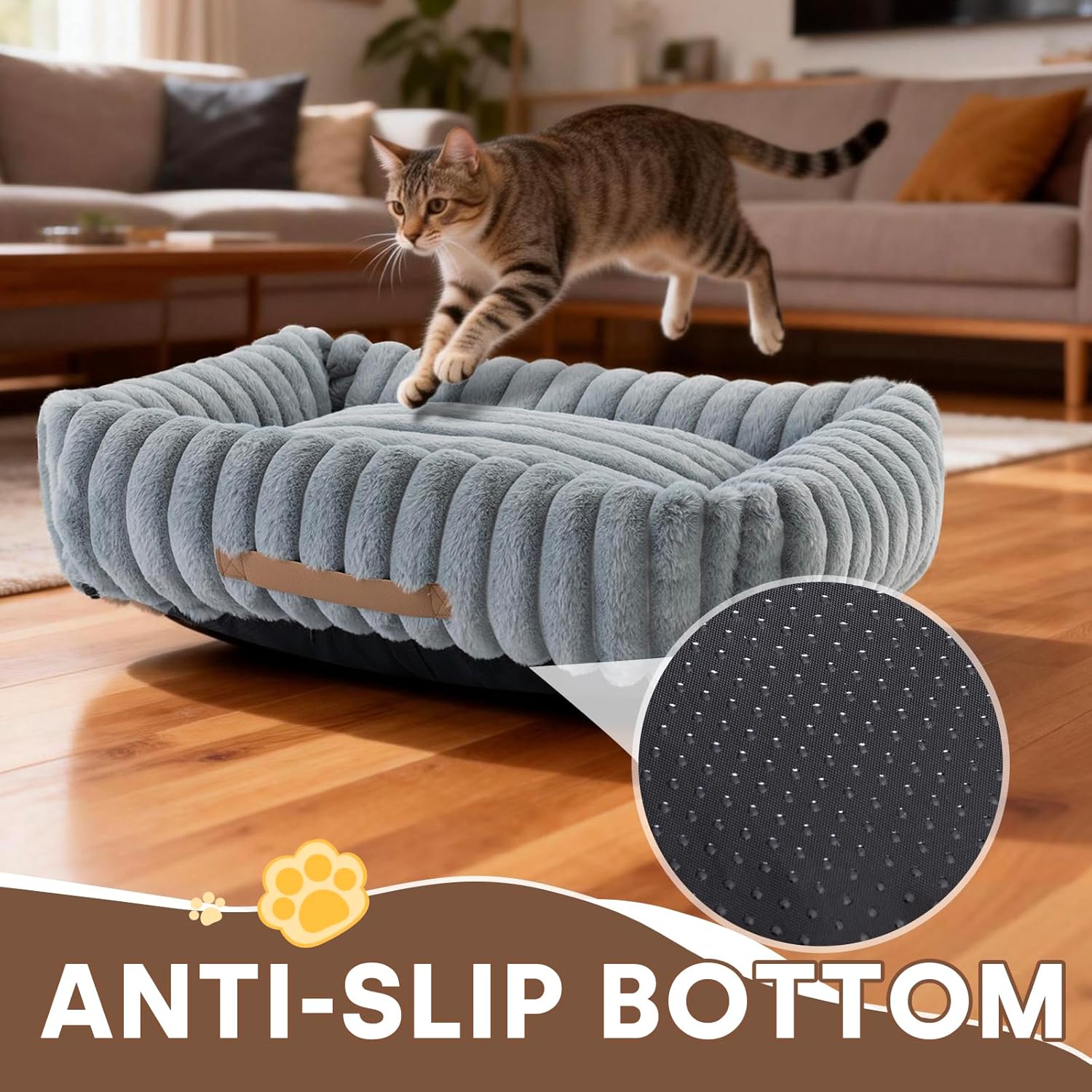 JOENIE Plush Orthopedic Dog Bed - Washable Pet Bed with Removable Zipper Cover, Non-Slip Bottom, Corduroy Fleece Small Dog/Cat Bed for Indoor Use, 25" L×21" W×7" Th, Cream (Light Grey)