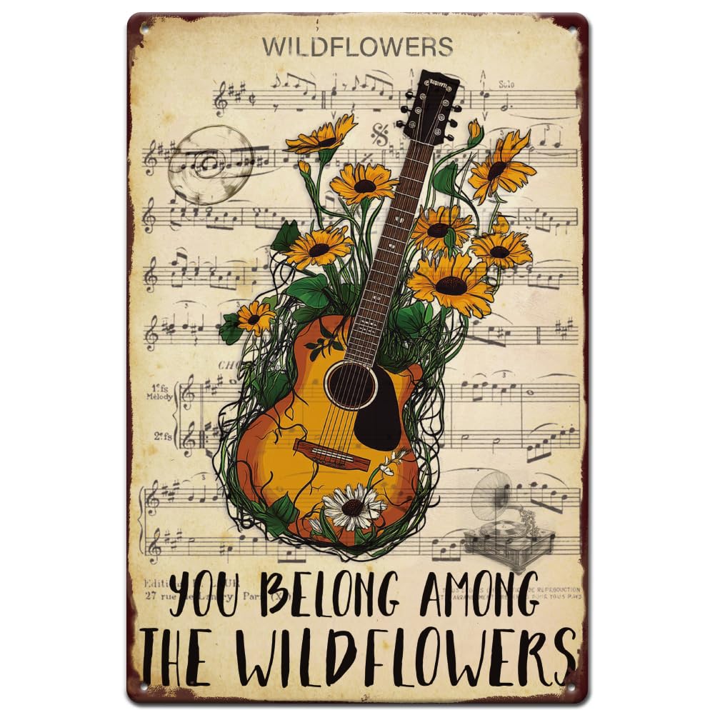 peiyeety Guitar Flower Metal Sign - You Belong Among Wildflowers Retro Metal Tin Sign Aluminum Sign for Home Coffee Bar Wall Decor 8x12 Inch
