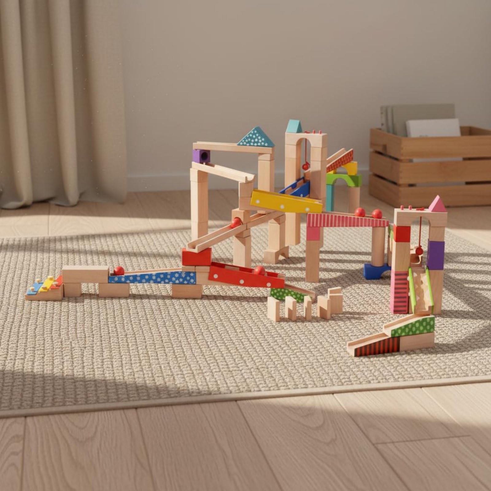 Kinder Bausteine Holz Murmelbahn Set Baukasten Kugelbahn Murmelrennbahn aus Buchenholz mit Wasserbasiertem Anstrich Stärkt Räumliche Wahrnehmung Teamspiel für Vorschulkinder Zuhause
