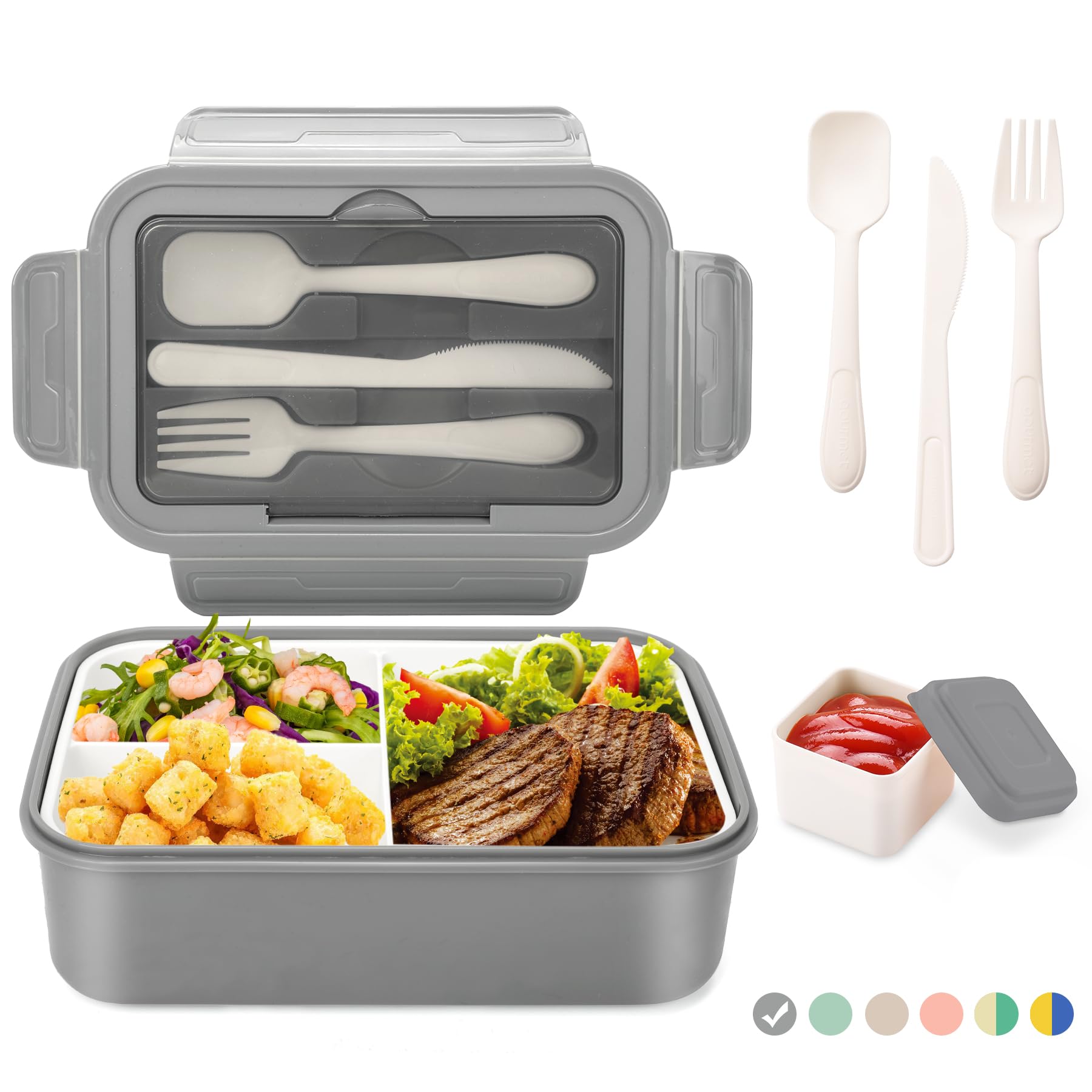 LUZOON Bento Lunch Box,1400ml Bento Box con 3 Scomparti e Posate per Adulti, Porta Pranzo con Posate e Scatola Per Salse,Senza BPA,Sicuri per Microonde e Lavastoviglie (Grigio)