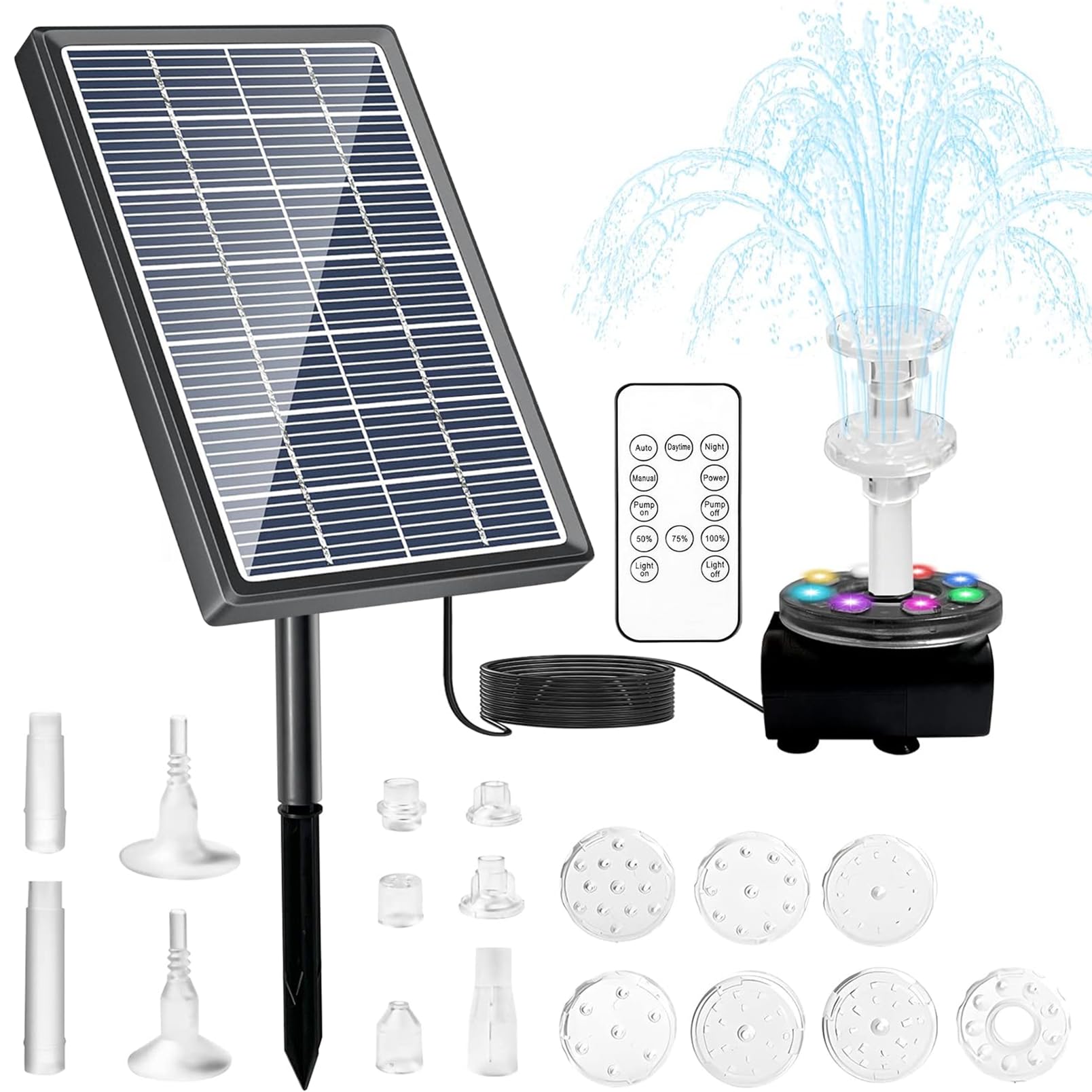 Fontanna solarna 7 W z pilotem zdalnego sterowania, podwójna fontanna, solarna pompa do stawu, pompa wodna wbudowana bateria 3000 mAh, pompa solarna z 10 stylami fontanny do ogrodu