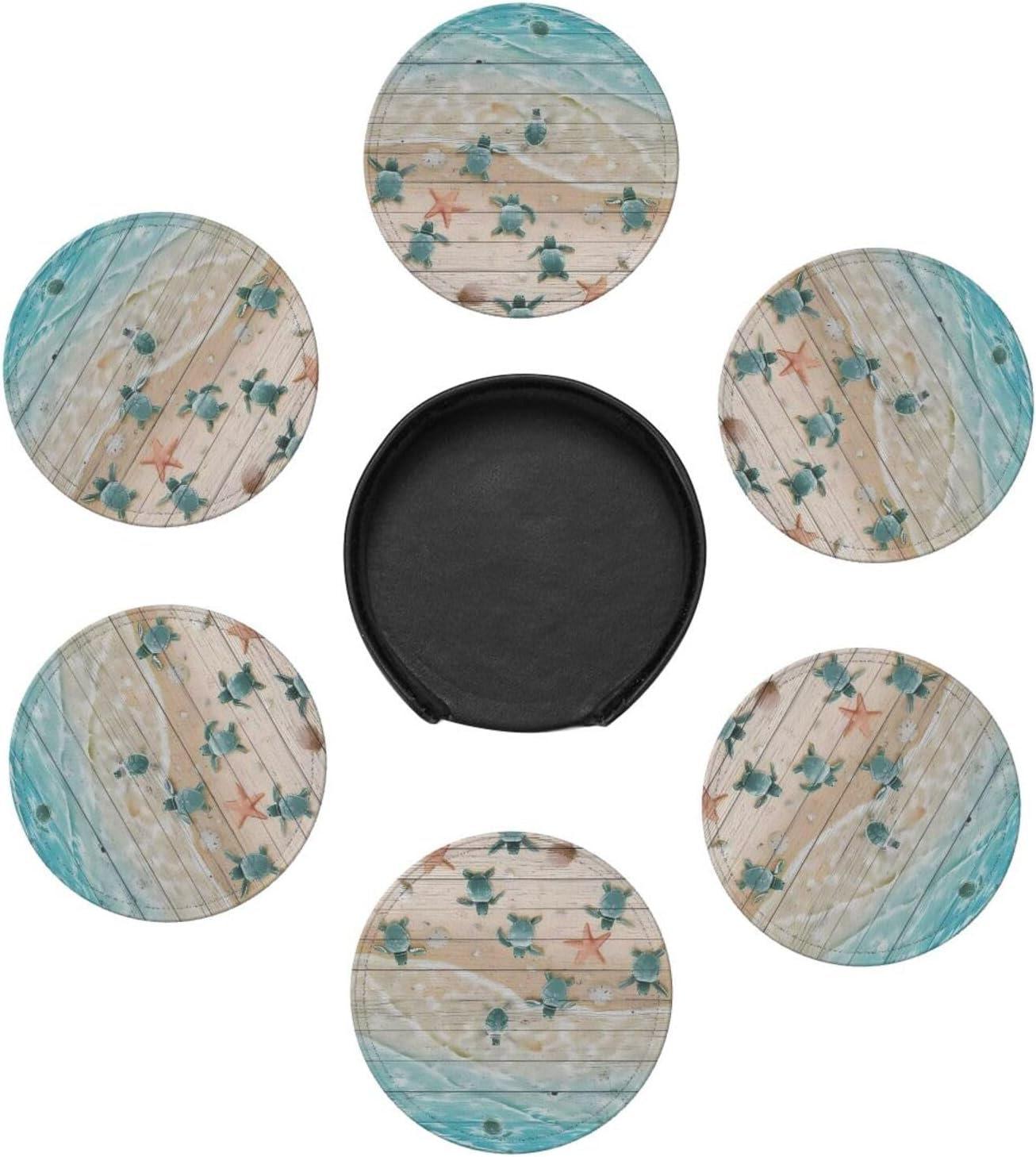 Sea Turtle & Starfish Ocean Theme Leather Coasters Set of 6 with Holder - Premium 4" Round Drink Coasters for Home Kitchen Coffee Table Decor - Image 2