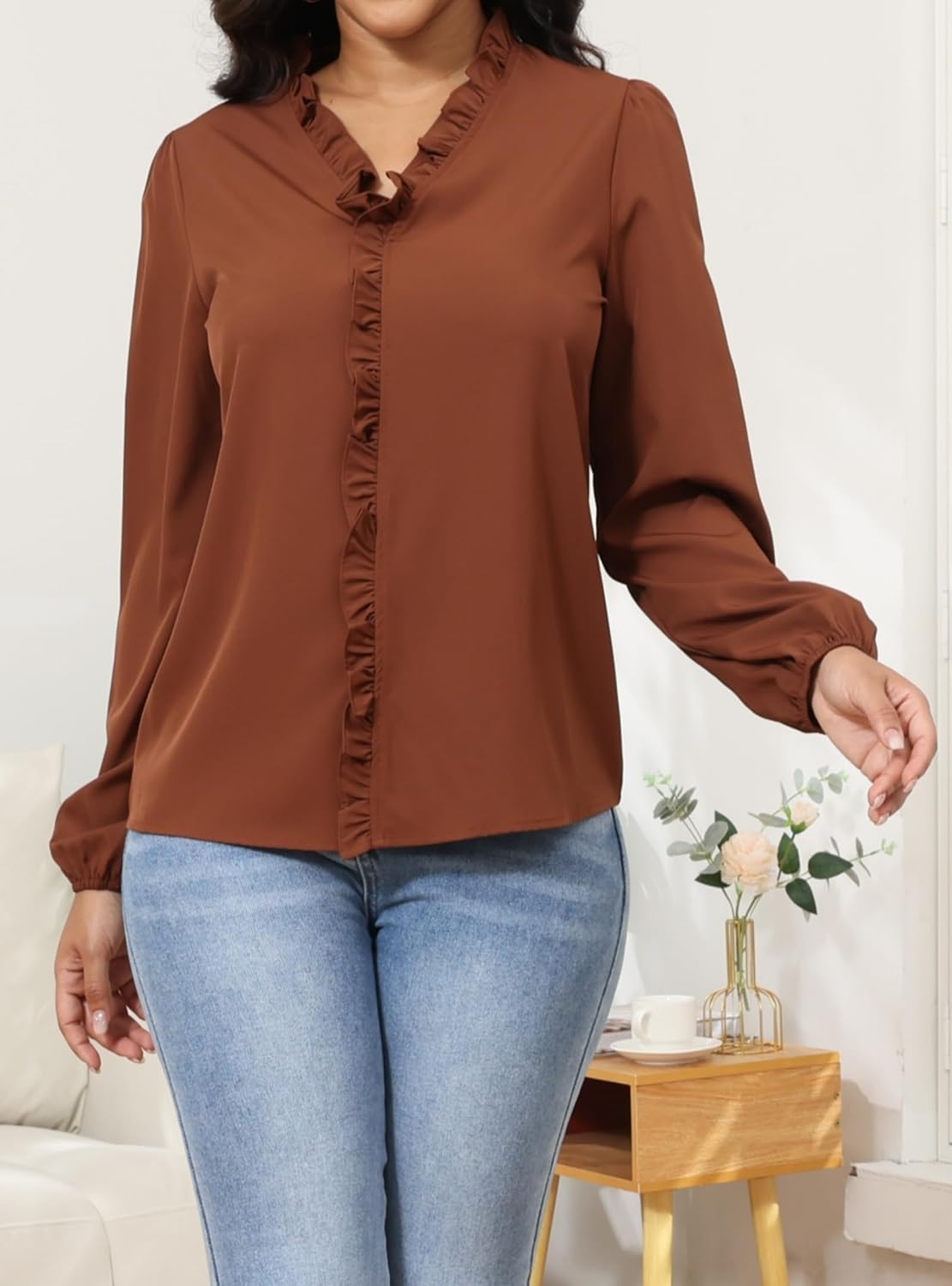 Women Blouses Ruffled V Neck Long Sleeve Shirt Solid Dressy Tops - Image 3