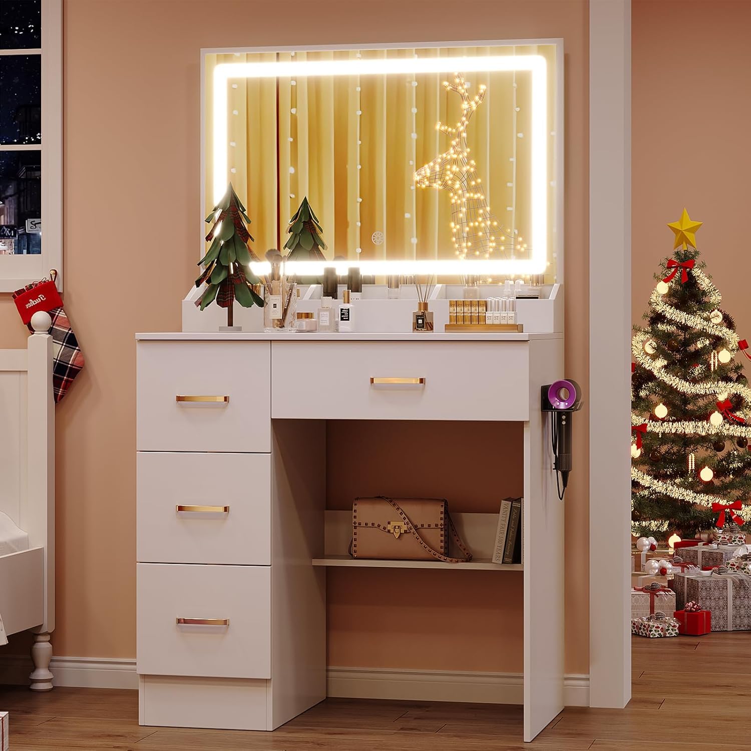 Generico Tavolo da Trucco Toeletta per Trucco Bianco e Oro con Specchio con Lampada a LED, scrivania Bianca con cassetti, toeletta per scrivania per Trucco da Camera da Letto
