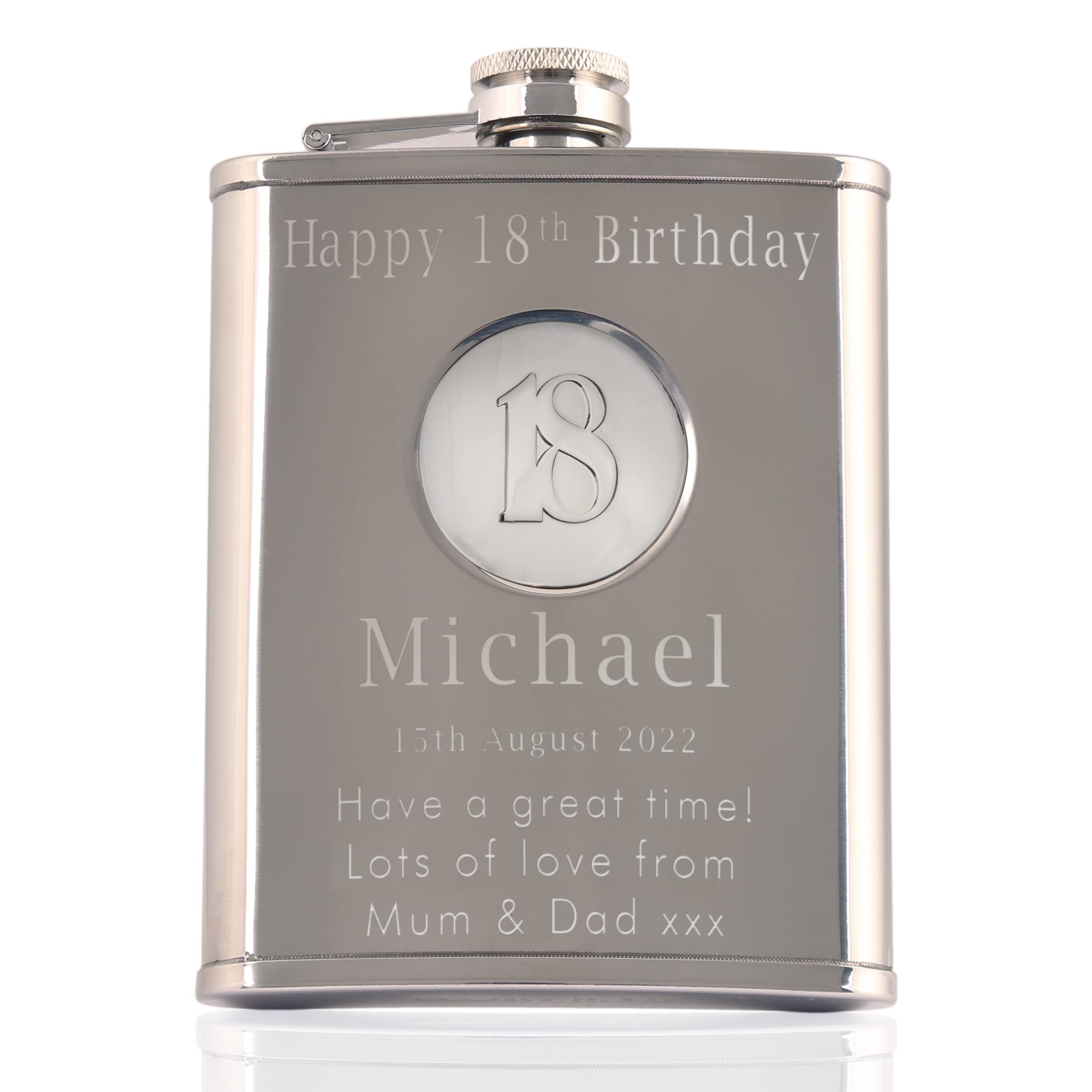 The Great Gifts Company Men's Silver 18Th Birthday, Stainless Steel Engraved Hip Flask With Solid Pewter '18' Coloured Feature