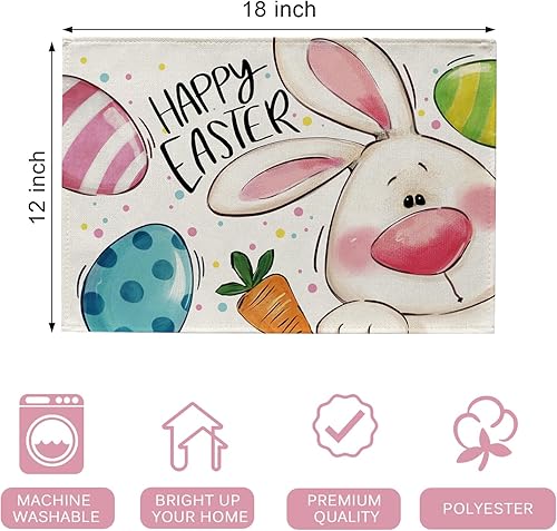Miniatura 2 de Seliem Juego de 4 manteles individuales con diseño de conejo de Pascua, lindos huevos de conejo, zanahoria, lunares, rayas, manteles individuales