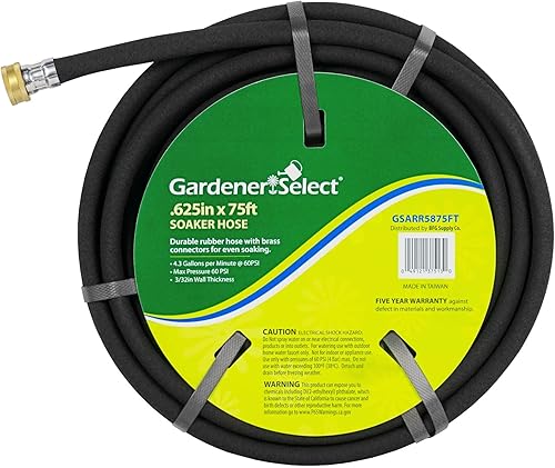 Manguera de jardín de goma al aire libre estándar durable W/conectores de latón, negro, 5/8" por 75'