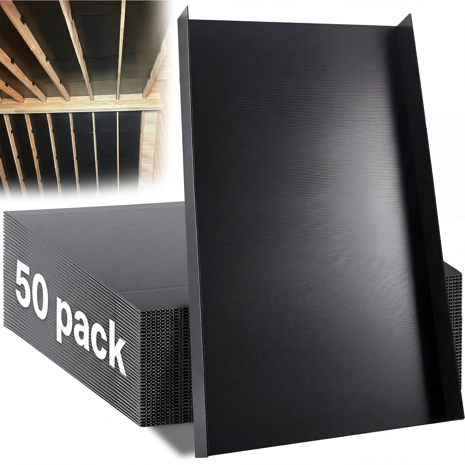 Photo 1 of 50 Pack 24 Attic Insulation Baffle, Large Black Durable Polypropylene Attic Baffles 24" On-Center Rafter Bays with 2" Air Channel Rafter Vents Improve Roof Ventilation and Prevent Insulation Blockage