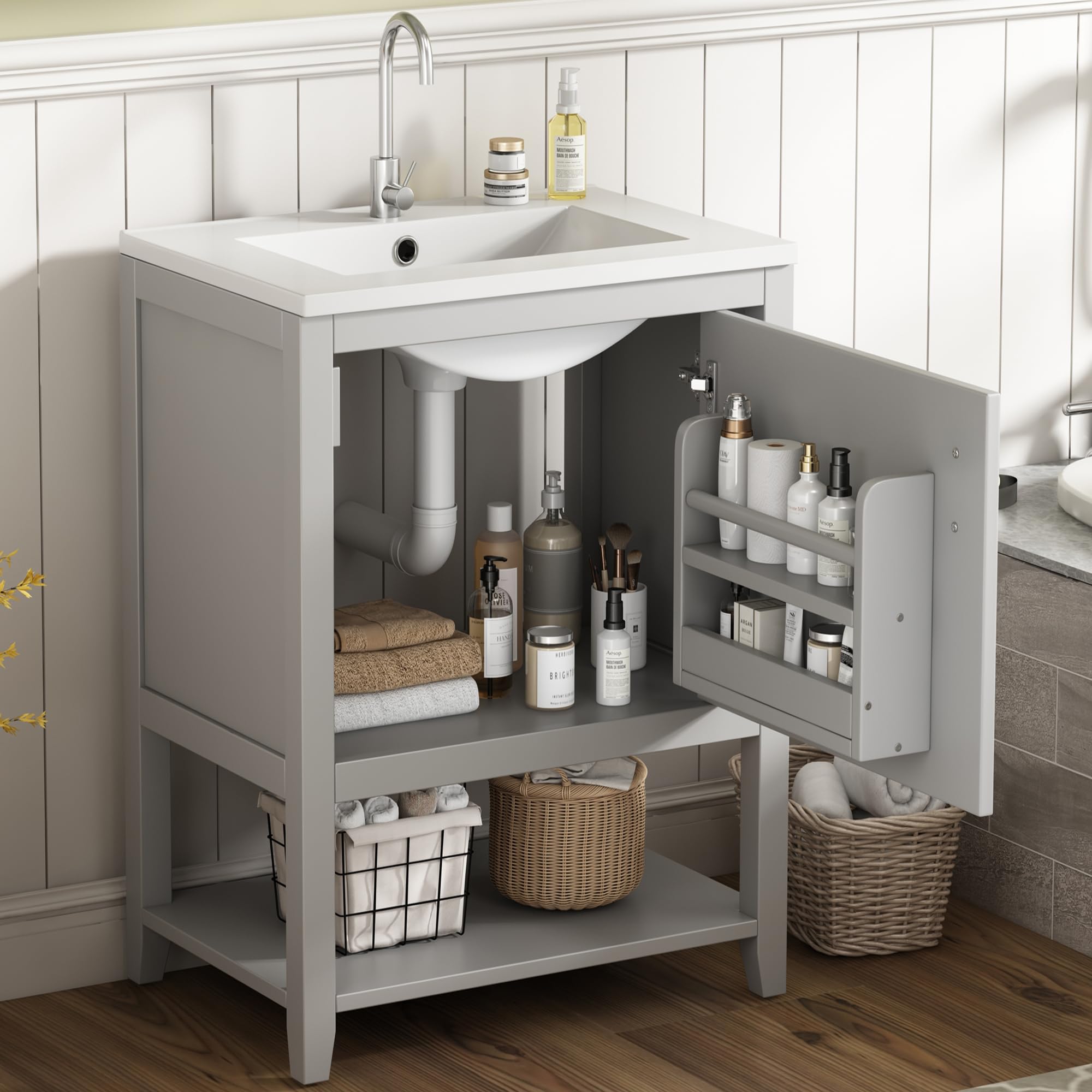 Mueble de baño individual para lavabo de 60 cm con lavabo de cerámica, con estante (gris claro)