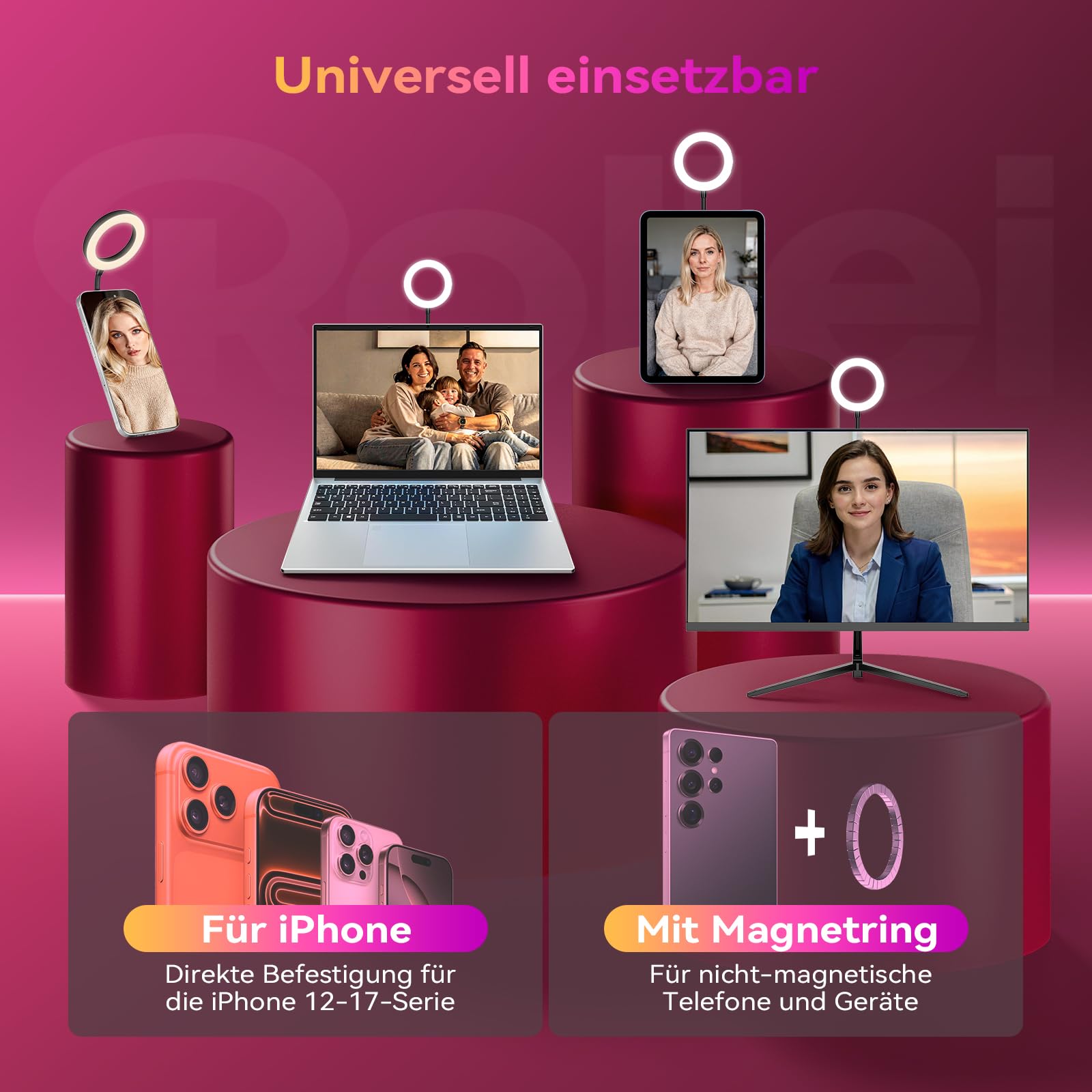 Ringlicht Handy, Rollei Magnetische Selfie Light Kompatibel mit iPhone Android Smartphone Tablet Laptop, Klein Flexible Licht für Streaming TikTok Webcam Zoom Vlog, Selfie-Licht-Handy-Led-Ringlicht