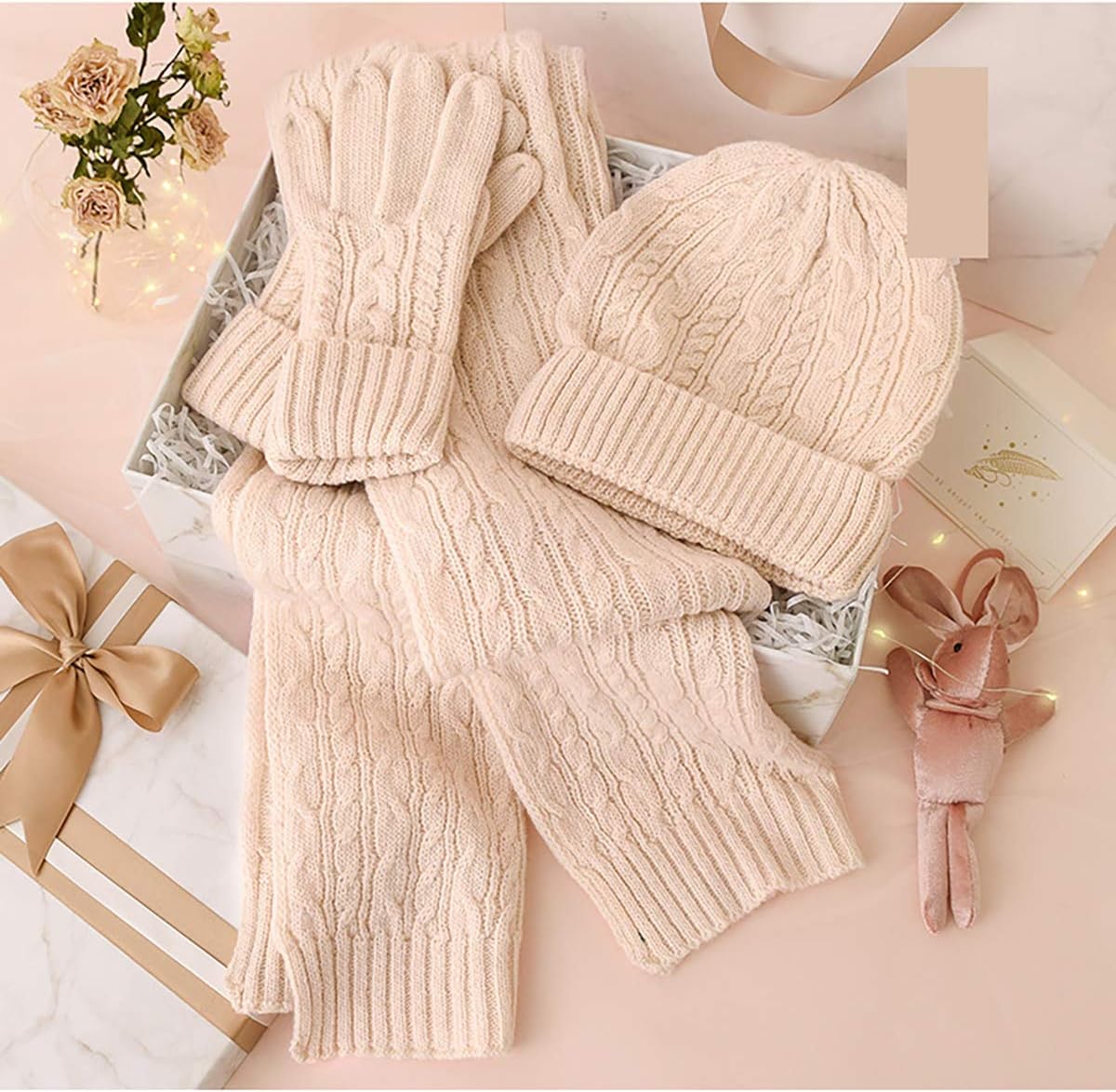 Knitted Beanie Hat Scarf Full Hand Glove Sets Knit Wool Skull Cap Solid Color for Cold Weather Winter