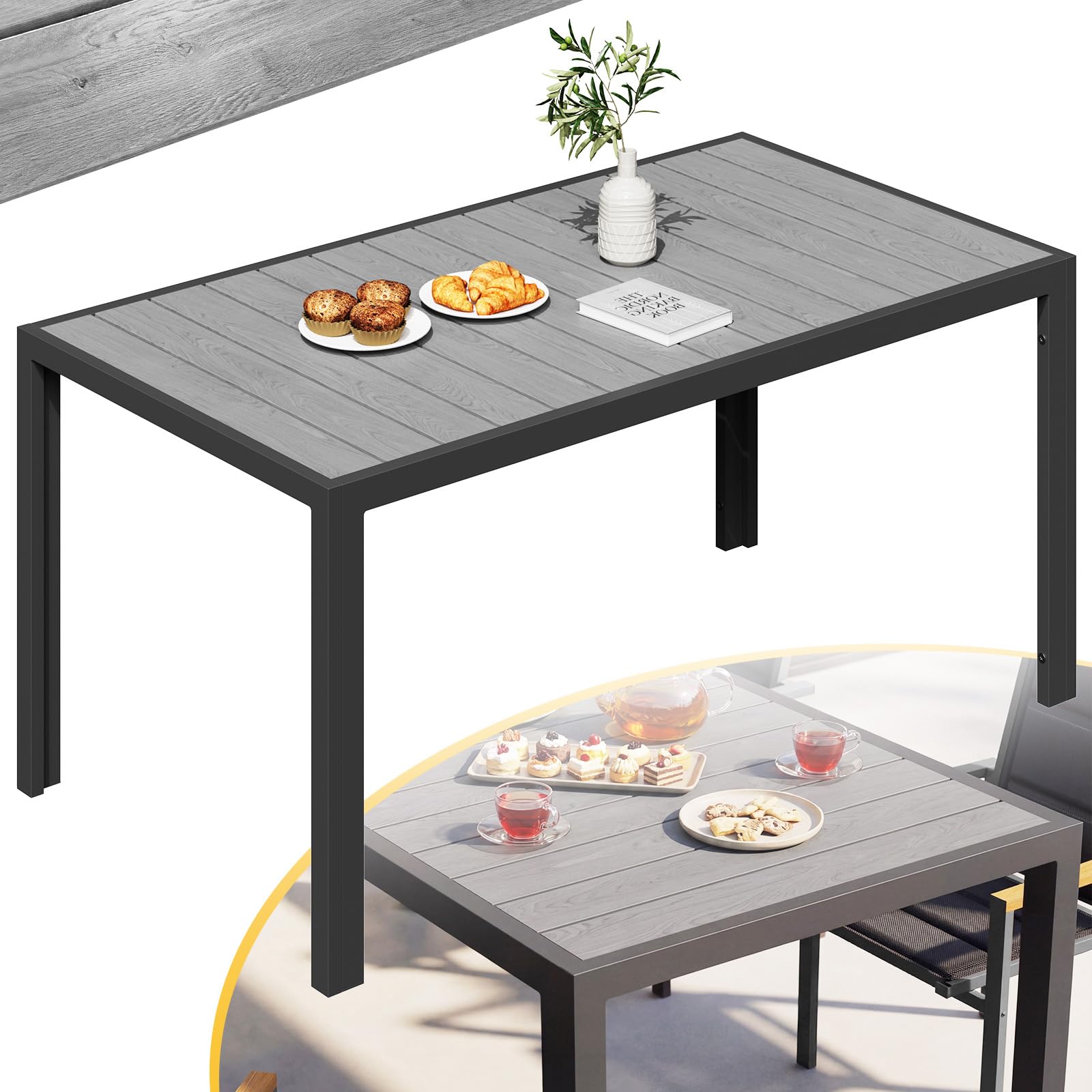 TRIUMPHKEY Gartentisch mit Aluminiumrahmen, 150x80cm PS Balkontisch Wetterfestfür 4–6 Personen, Rechteckiger Terrassentisch, Campingtisch, Hitze- und Wetterbeständig, Grau